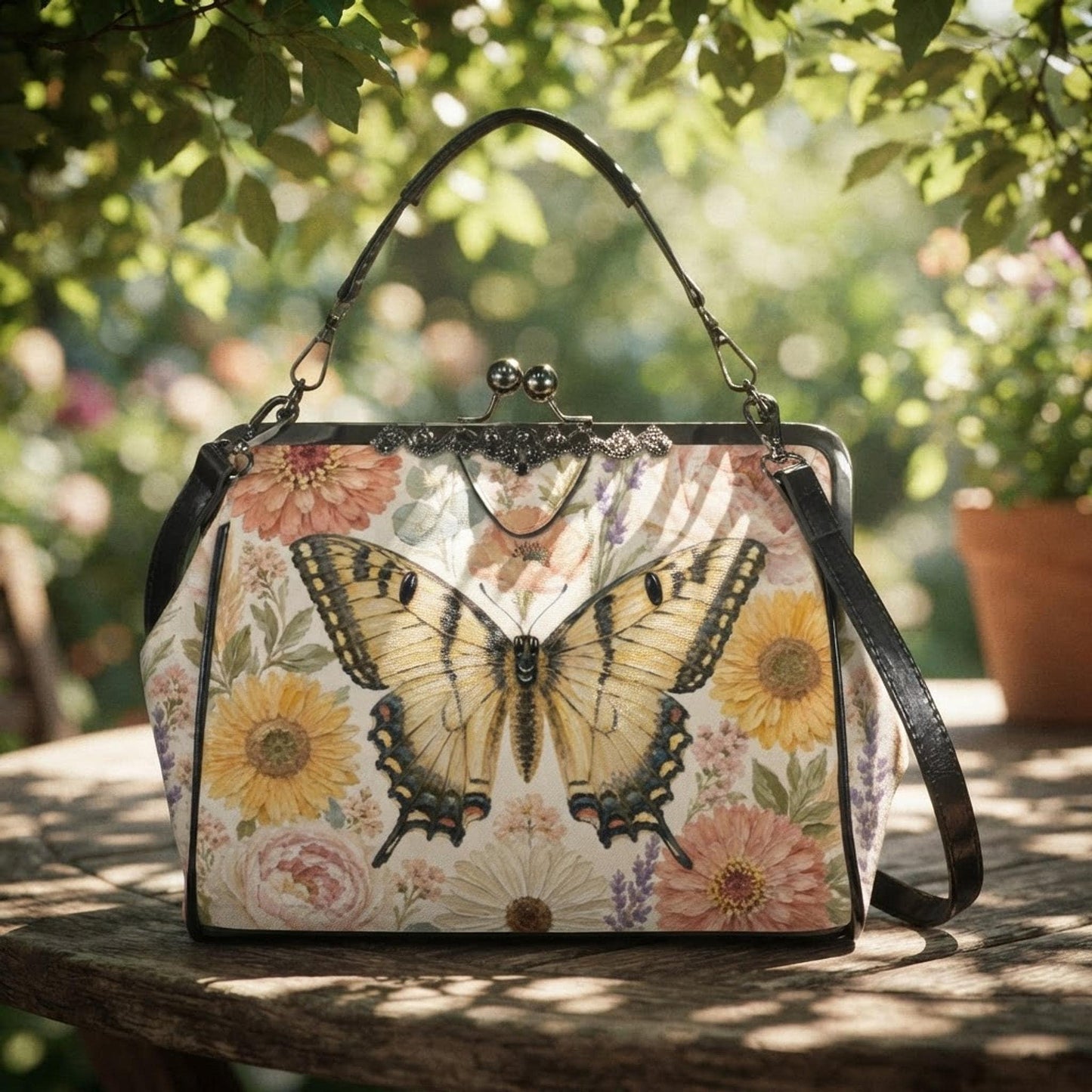 Floral Crossbody Bag, Water-Repellent Waxed PU Leather, Kiss Lock