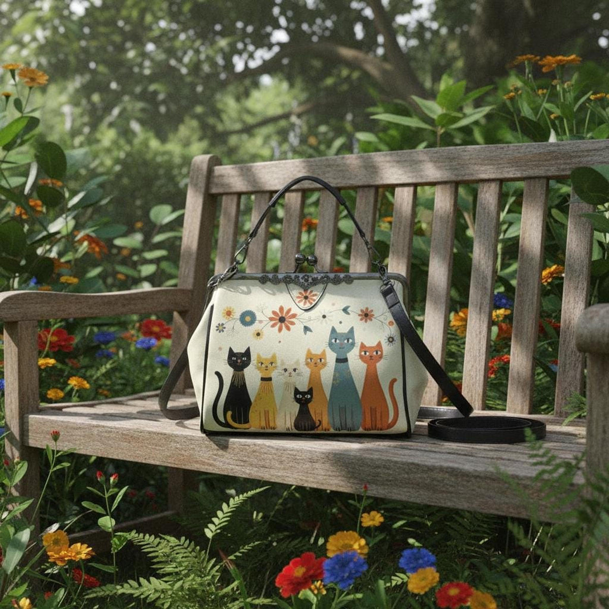 Retro Cat Purse, Waxed PU Leather Crossbody Bag with Kiss Lock Clasp