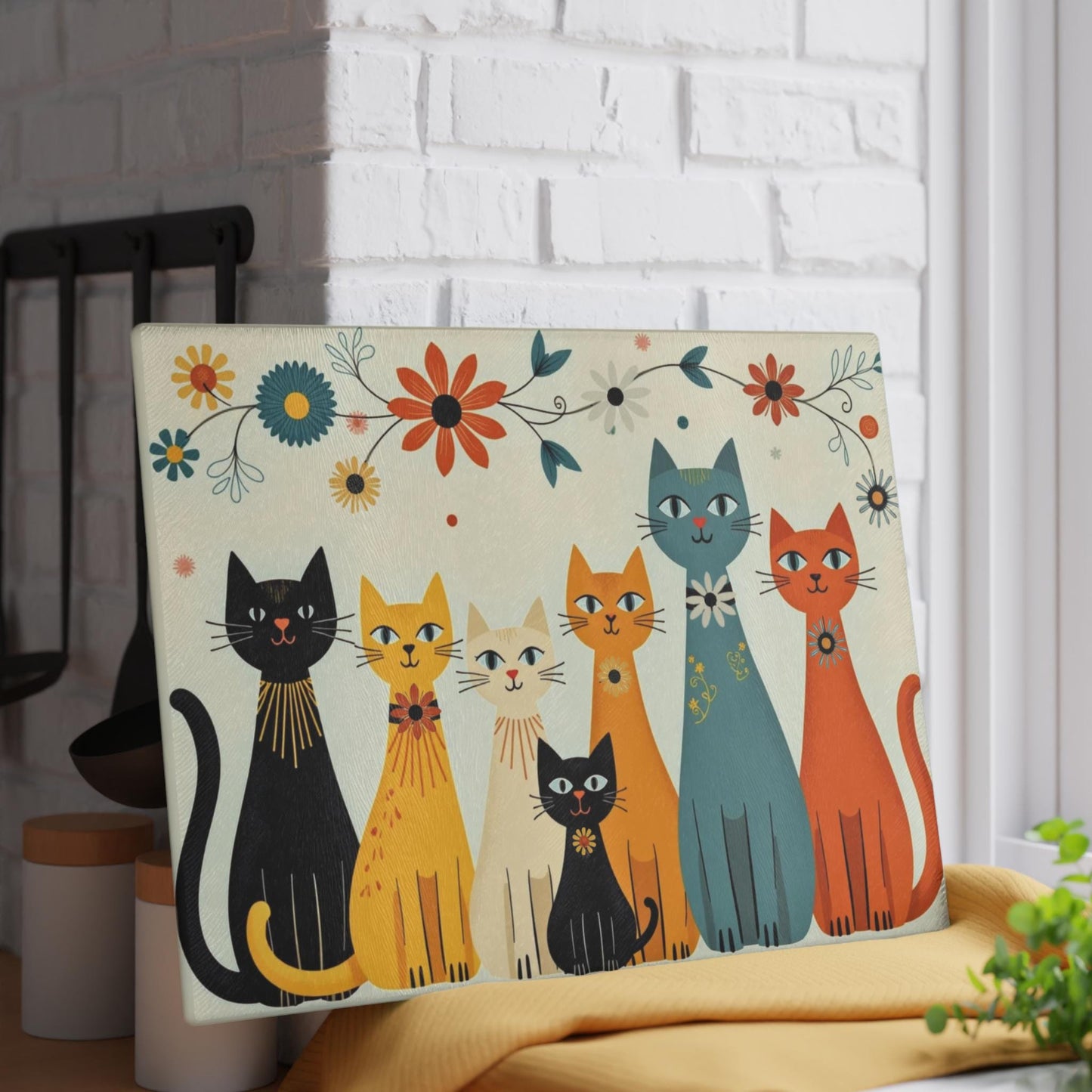 Cat Cutting Board, Tempered Glass with Retro Floral Design, Two Sizes