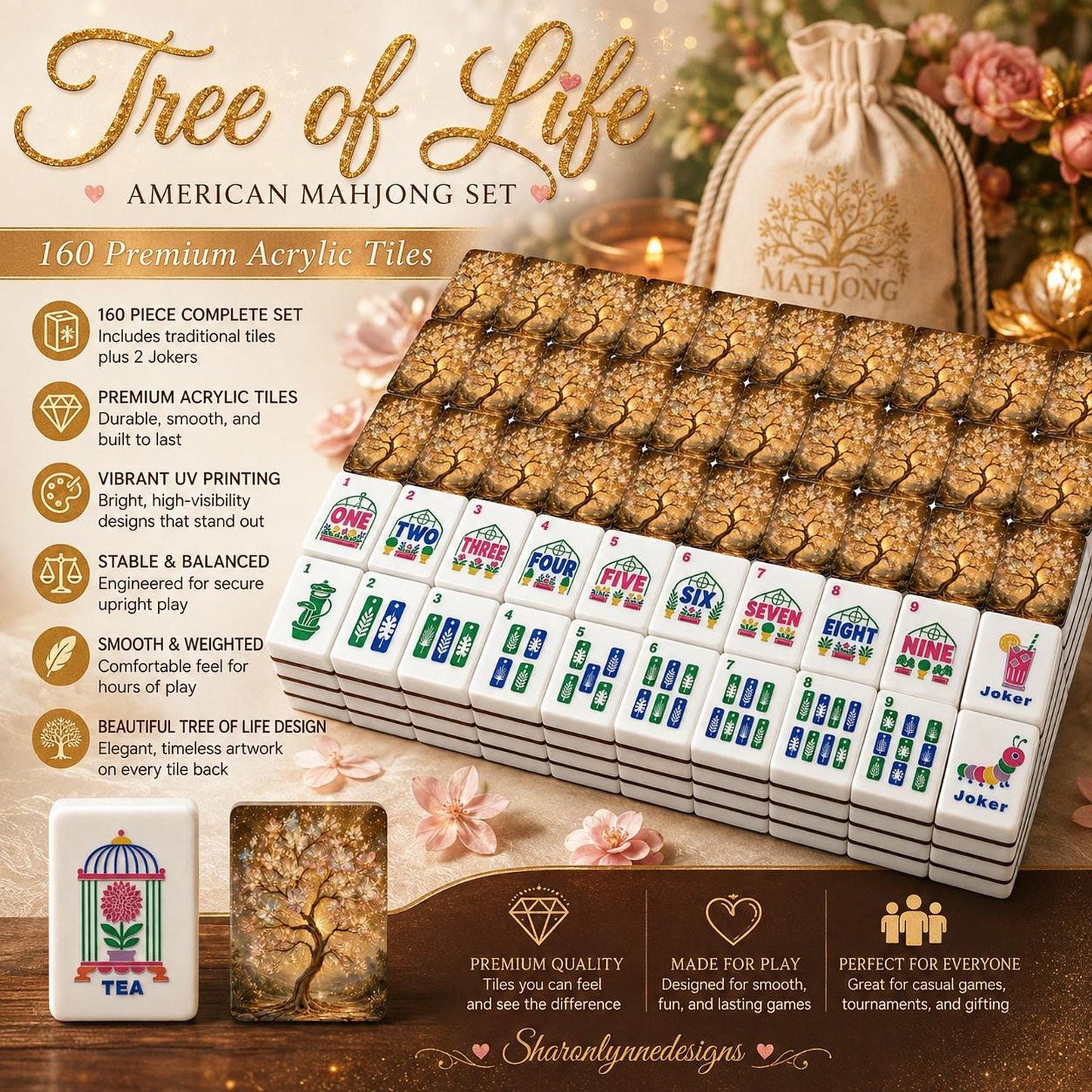 Tree Of Life American Mahjong Set, 160-Piece Acrylic With Jokers
