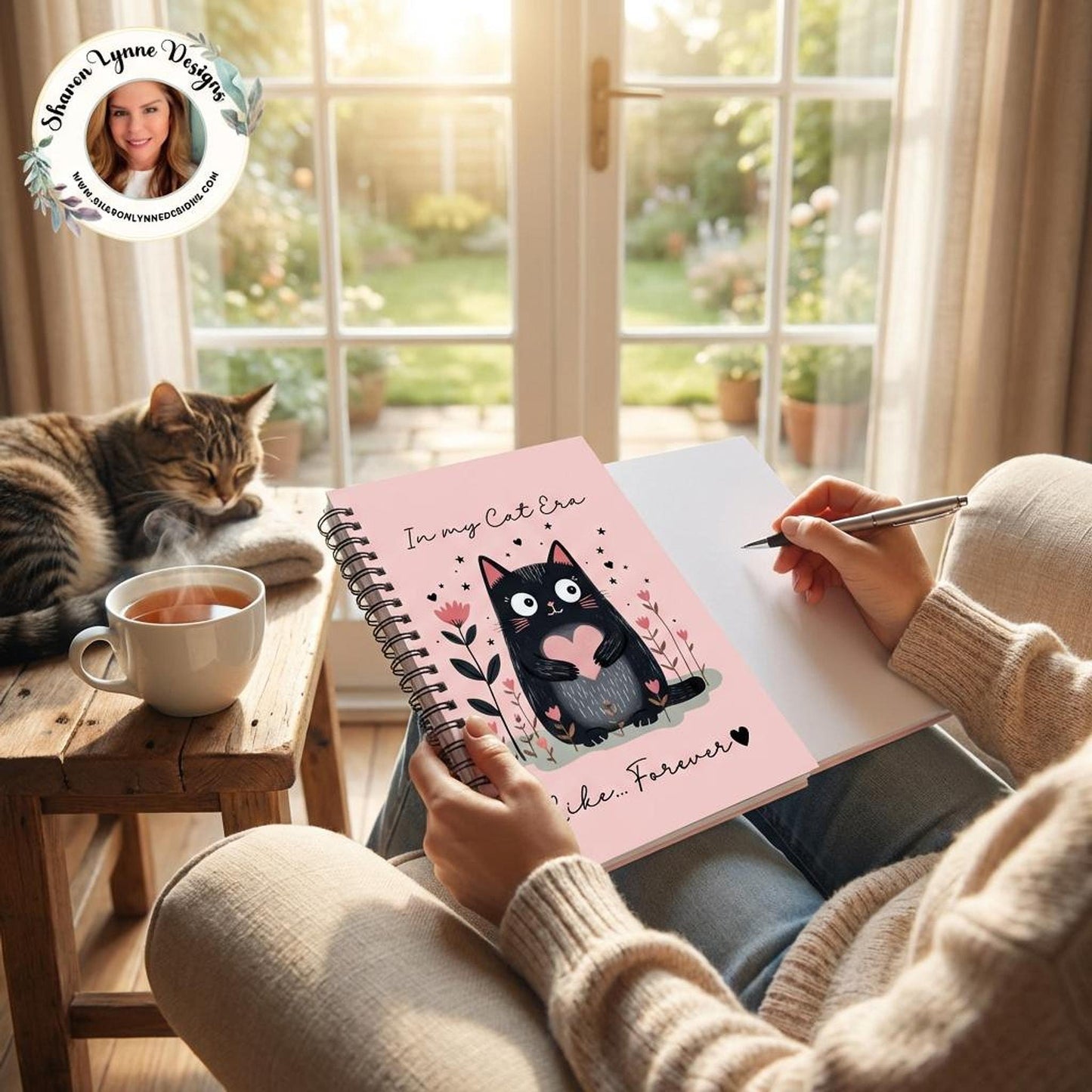 Spiral Cat Notebook, Pink Feline Journal, 165 Ruled Pages