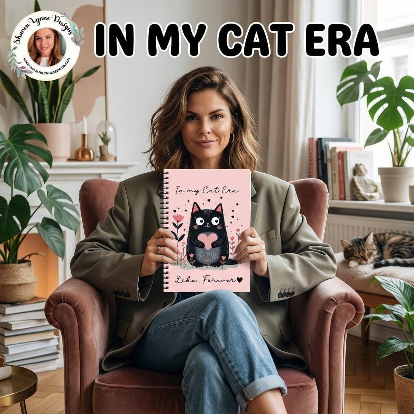 Spiral Cat Notebook, Pink Feline Journal, 165 Ruled Pages