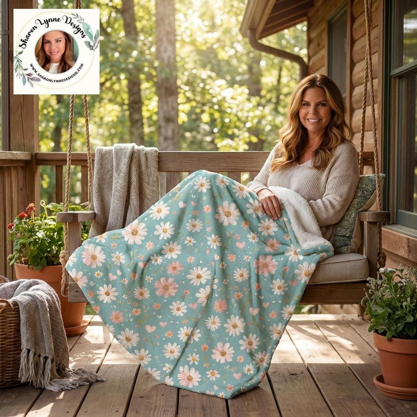 Botanical Comfort Sherpa Blanket, Reversible Daisy Floral Design with 100% Polyester Fleece Reverse