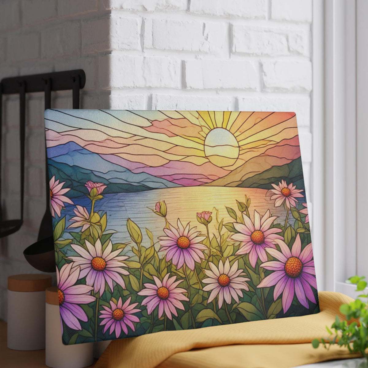 Sunrise Lake Wildflower Glass Cutting Board | Botanical Kitchen Decor Serving Tray Nature Art Gift