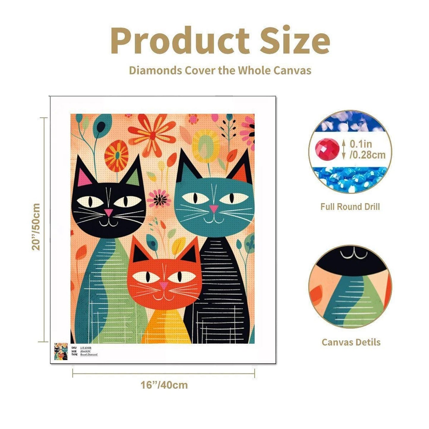 Retro Cat Diamond Art Kit, 16 x 20 Inch Canvas with Acrylic Beads