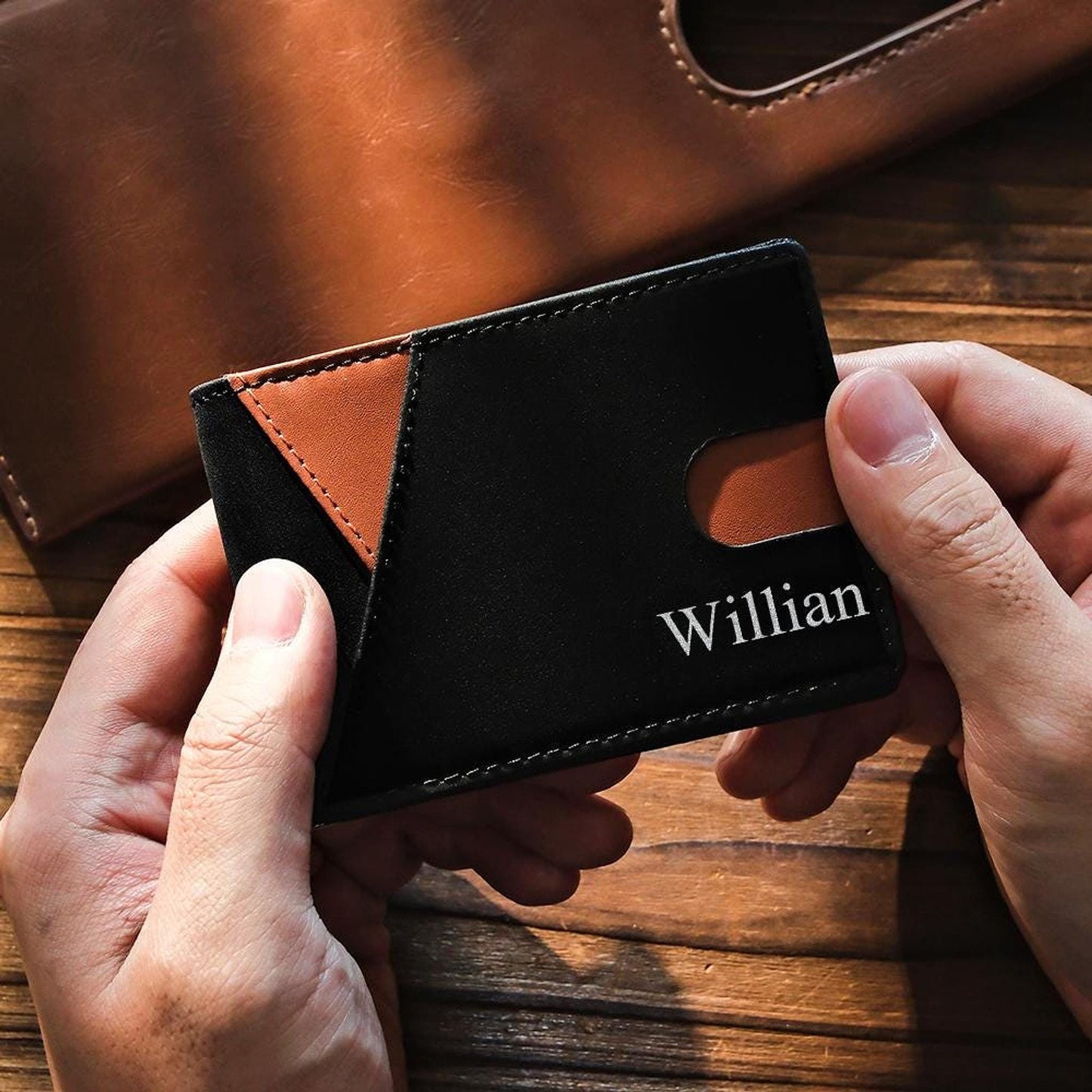 Custom Wallet, Engraved PU Leather Money Clip with Slim Profile