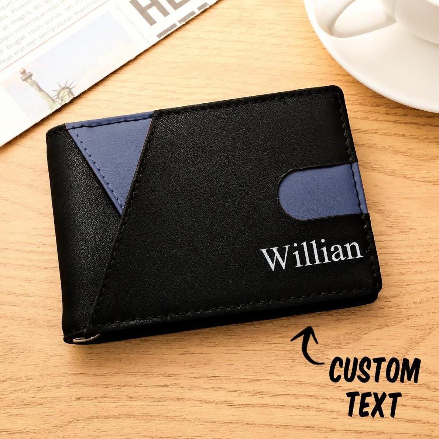 Custom Wallet, Engraved PU Leather Money Clip with Slim Profile