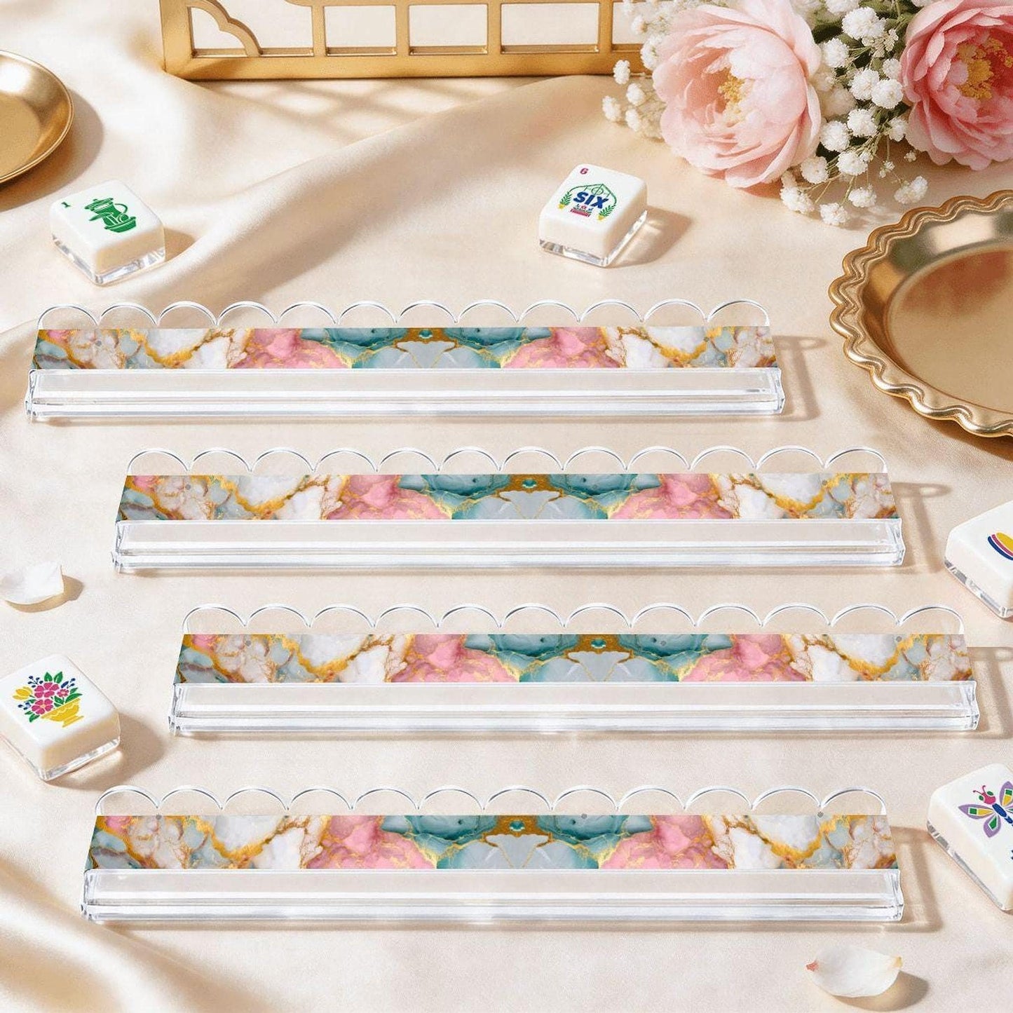 Marble Extended Mahjong Rack Set of 4 – Scalloped Magnetic Tile Pushers