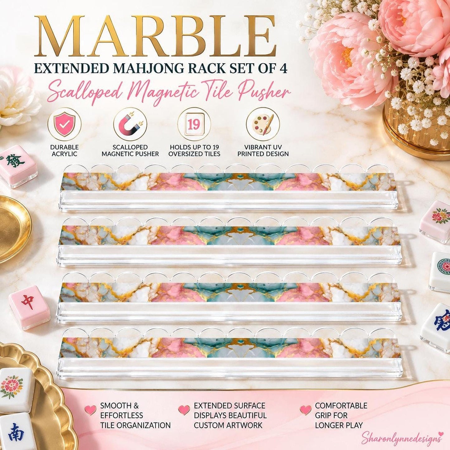 Marble Extended Mahjong Rack Set of 4 – Scalloped Magnetic Tile Pushers