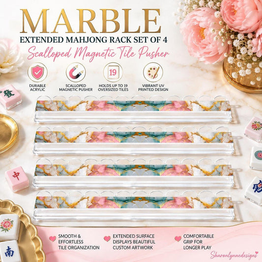 Marble Extended Mahjong Rack Set of 4 – Scalloped Magnetic Tile Pushers