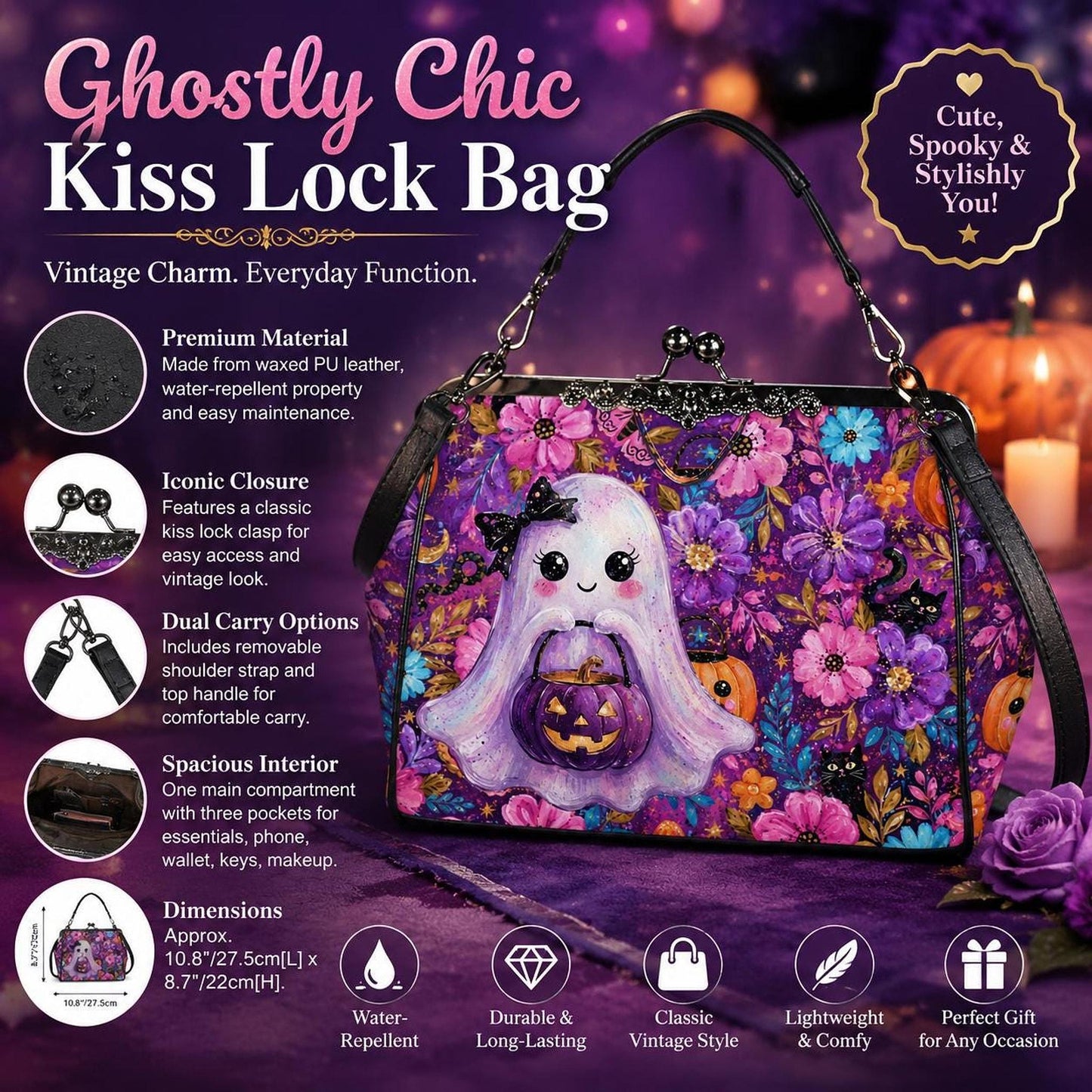 Spooky Crossbody Bag with Ghost Kiss Lock, Waxed PU Leather, Removable Shoulder Strap