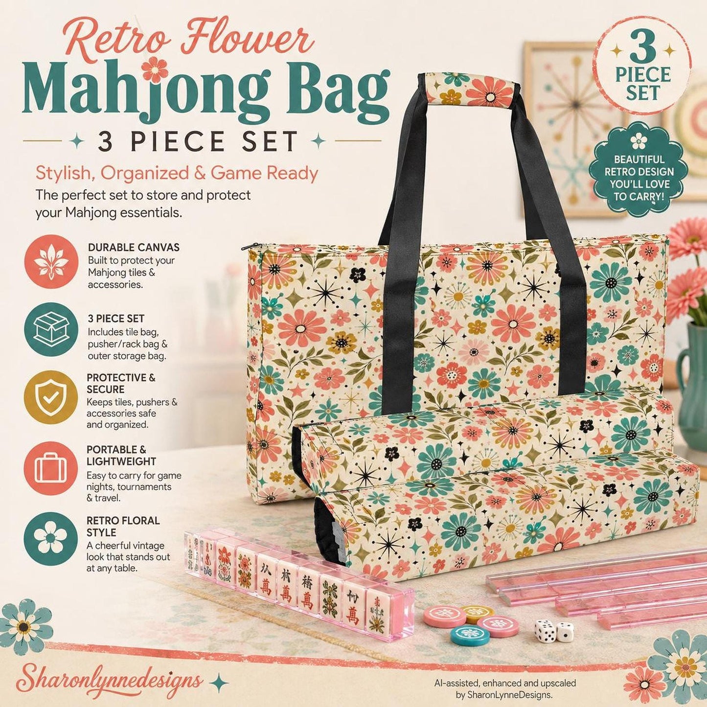 Retro Flower Mahjong Bag Set – 3 Piece Canvas Storage & Travel Set