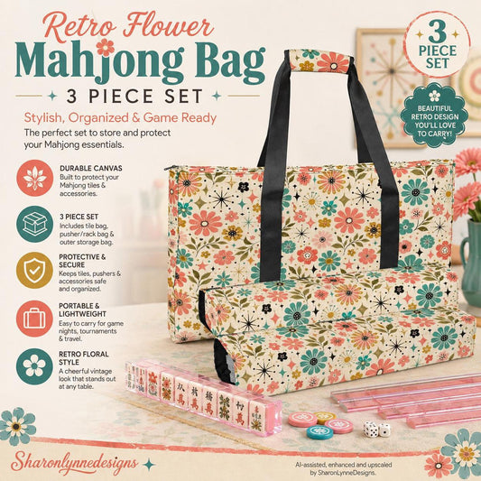 Retro Flower Mahjong Bag Set – 3 Piece Canvas Storage & Travel Set