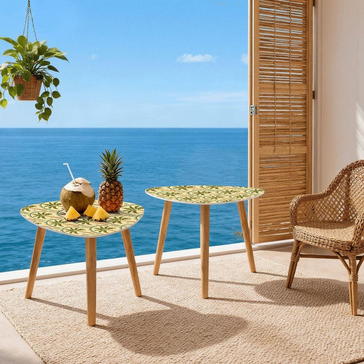 Nesting Table Set, Triangle Shapes with Palm Tree Pattern and Natural Bamboo Legs