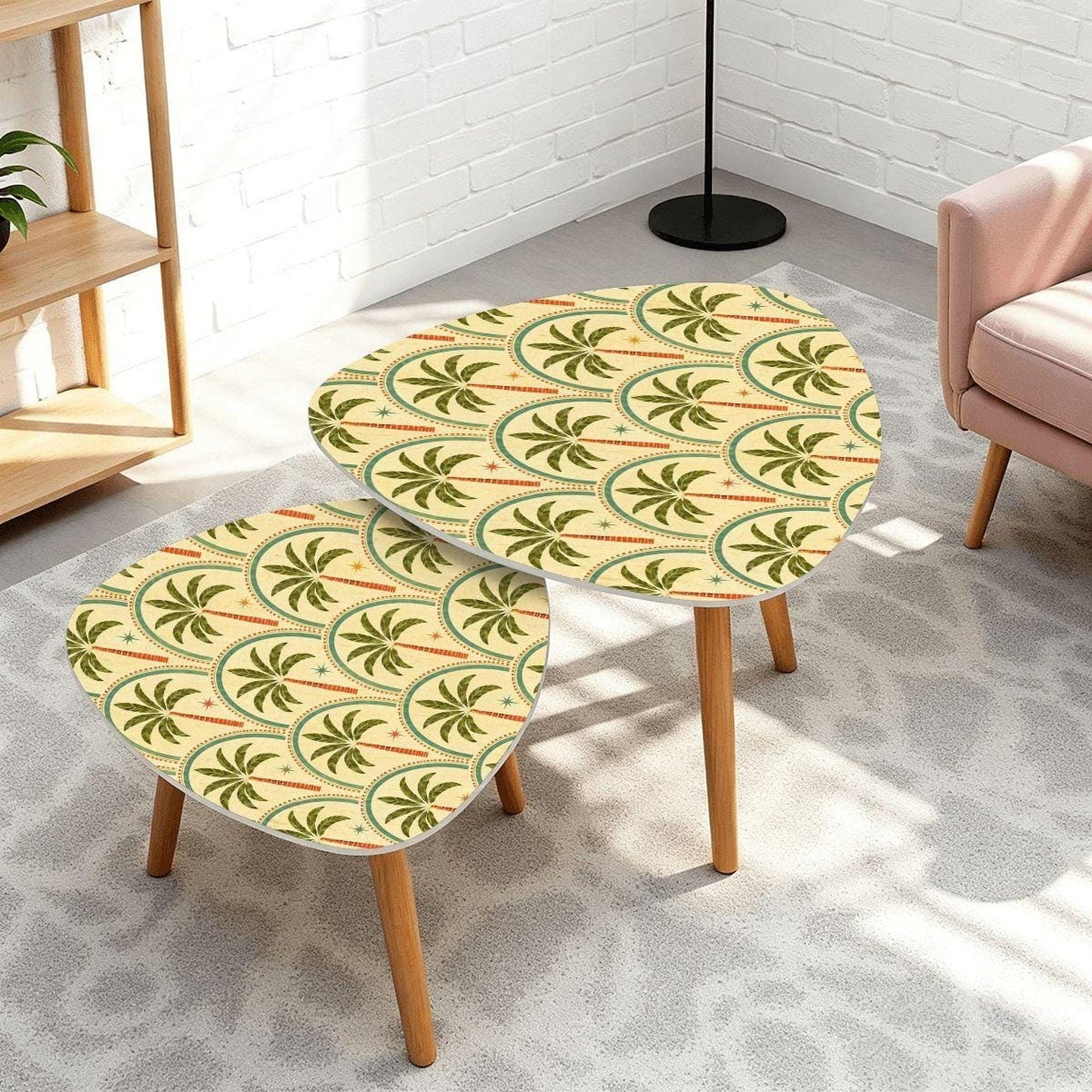 Nesting Table Set, Triangle Shapes with Palm Tree Pattern and Natural Bamboo Legs