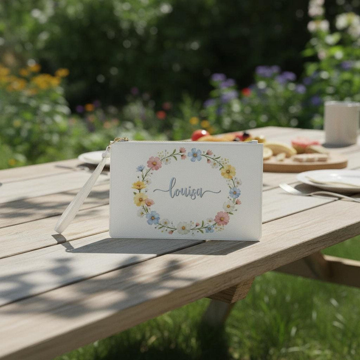 Custom Name Clutch Bag with Floral Wreath Design, Personalized Script Monogram Purse