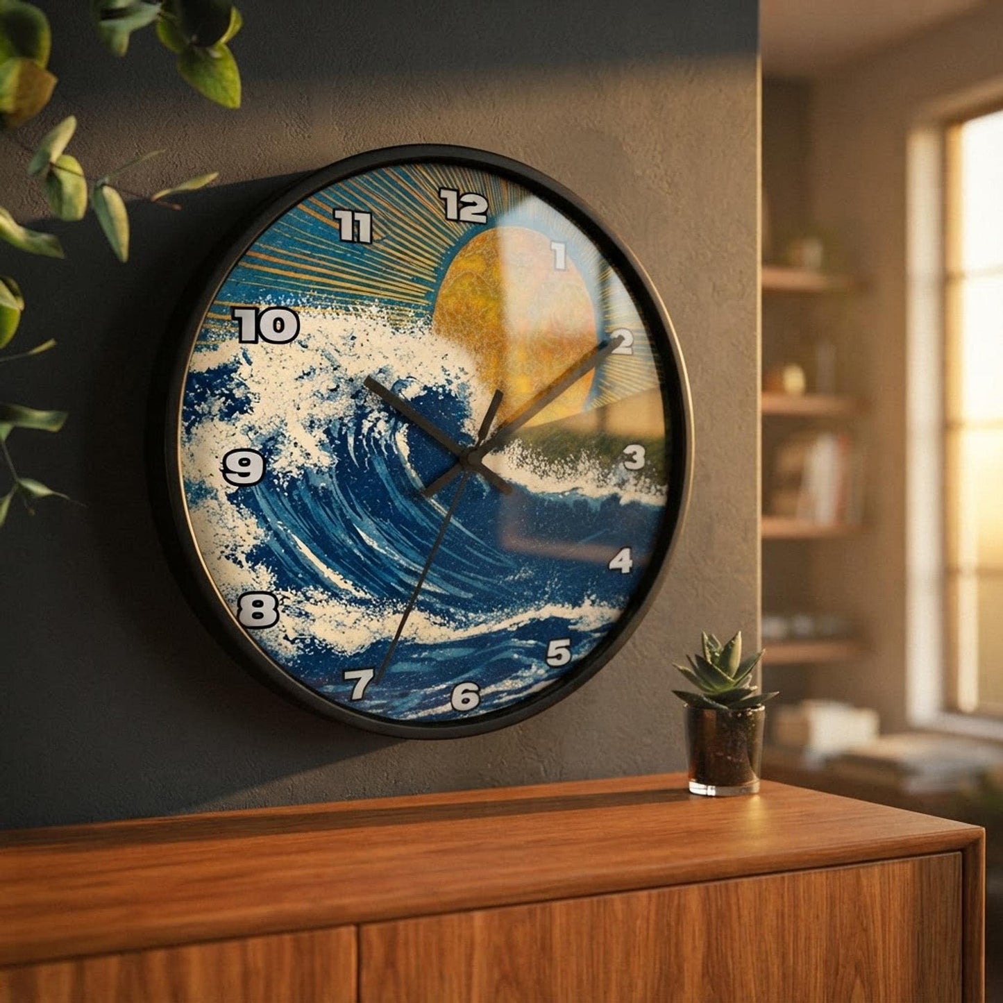 Ocean Wave Wall Clock, 10-Inch Plexiglass Face, Wooden Frame