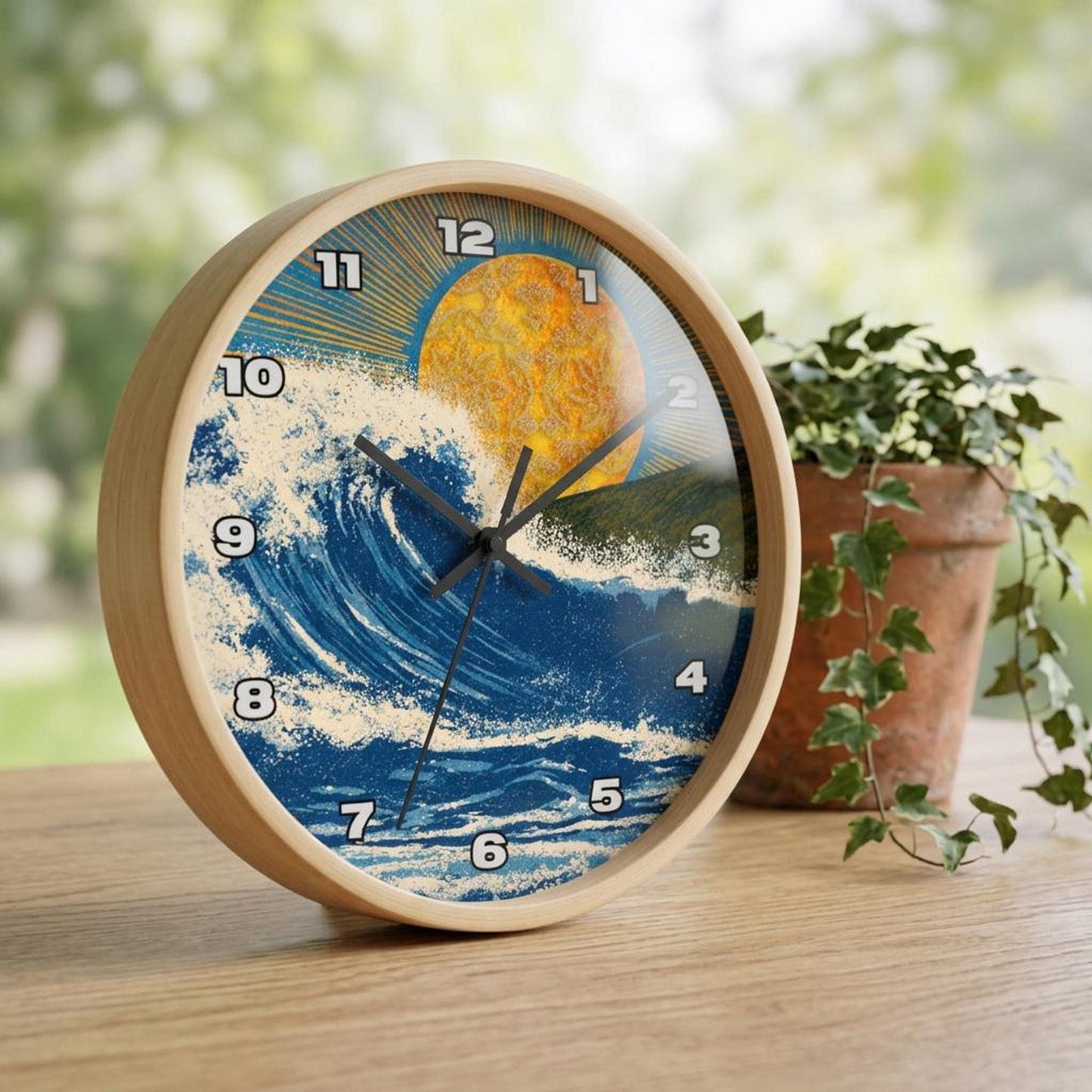 Ocean Wave Wall Clock, 10-Inch Plexiglass Face, Wooden Frame