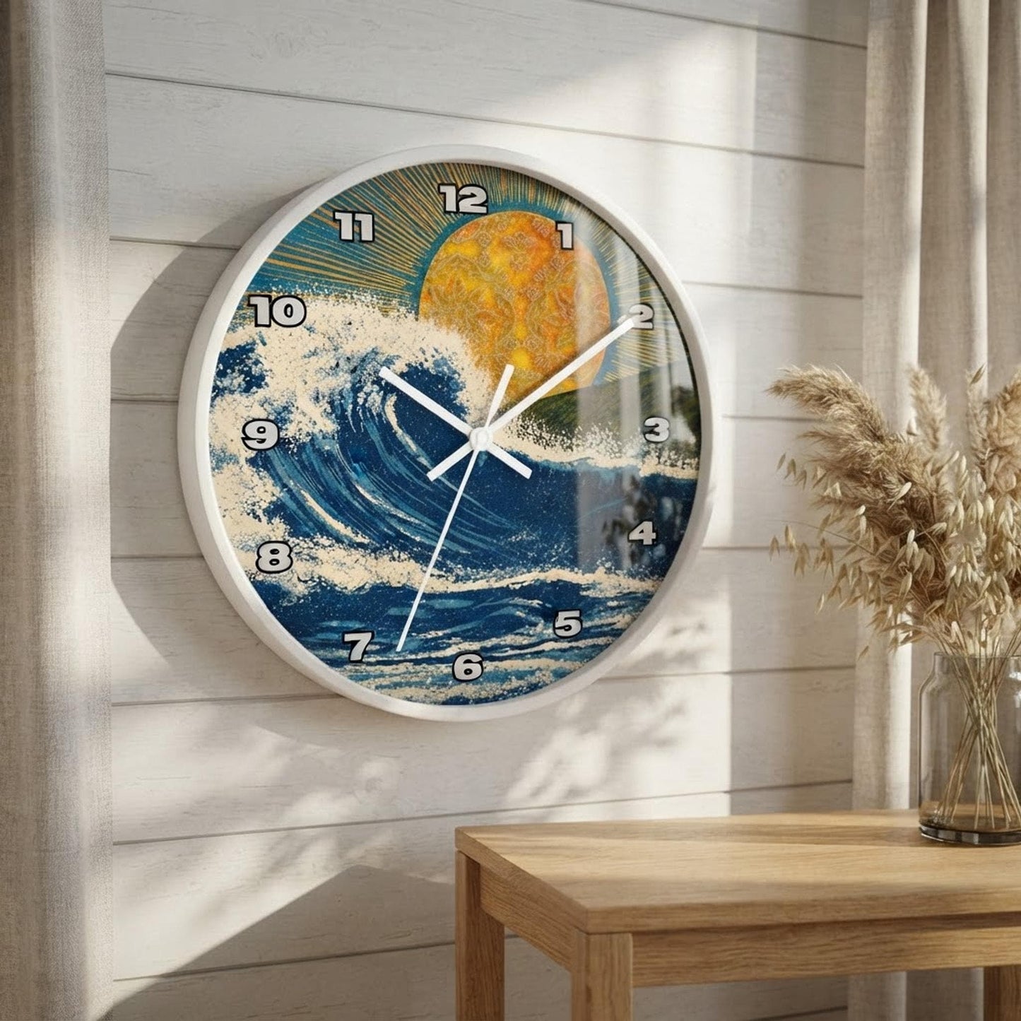 Ocean Wave Wall Clock, 10-Inch Plexiglass Face, Wooden Frame