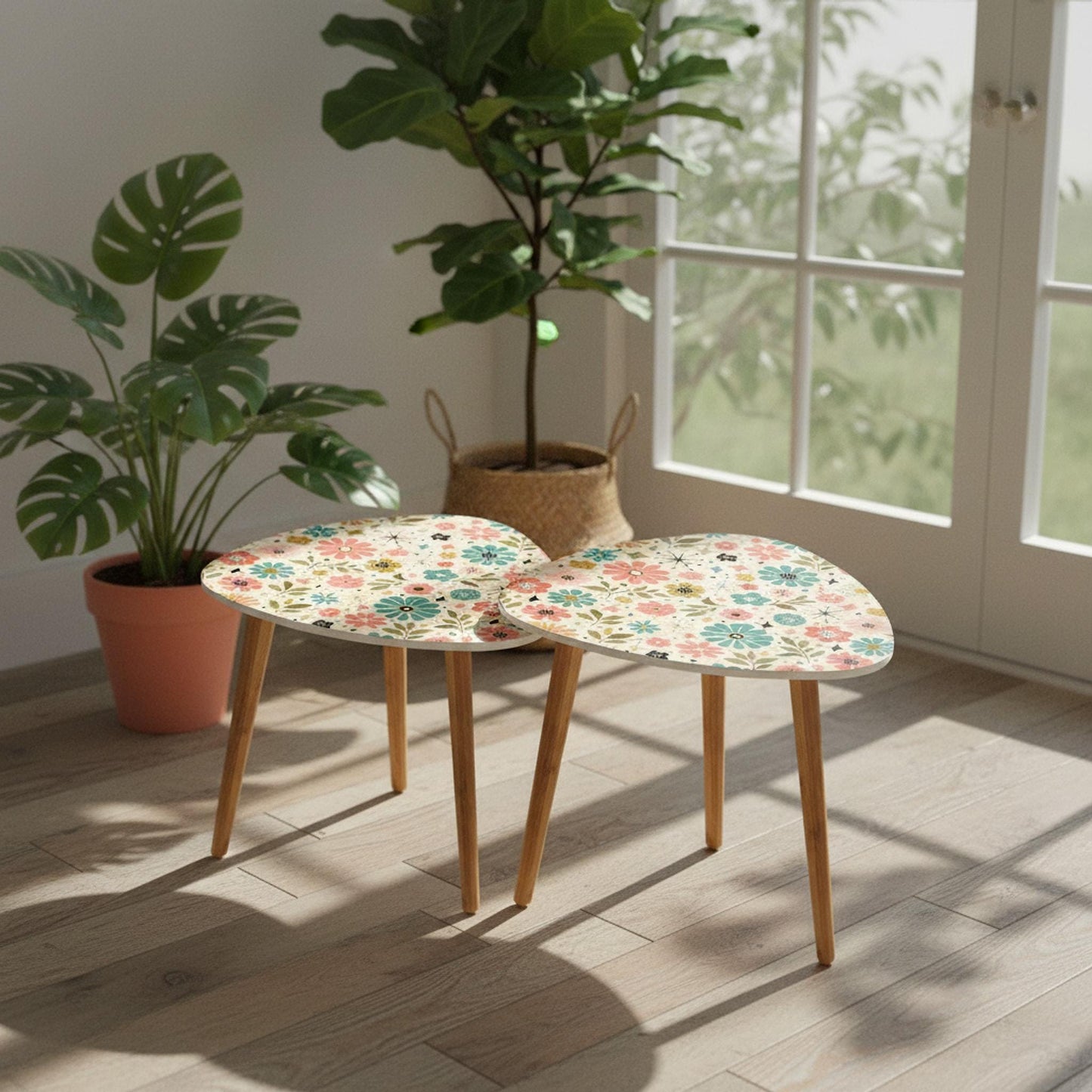 Nesting Table Set, Retro Floral MDF Tabletops With Bamboo Legs, Two Sizes