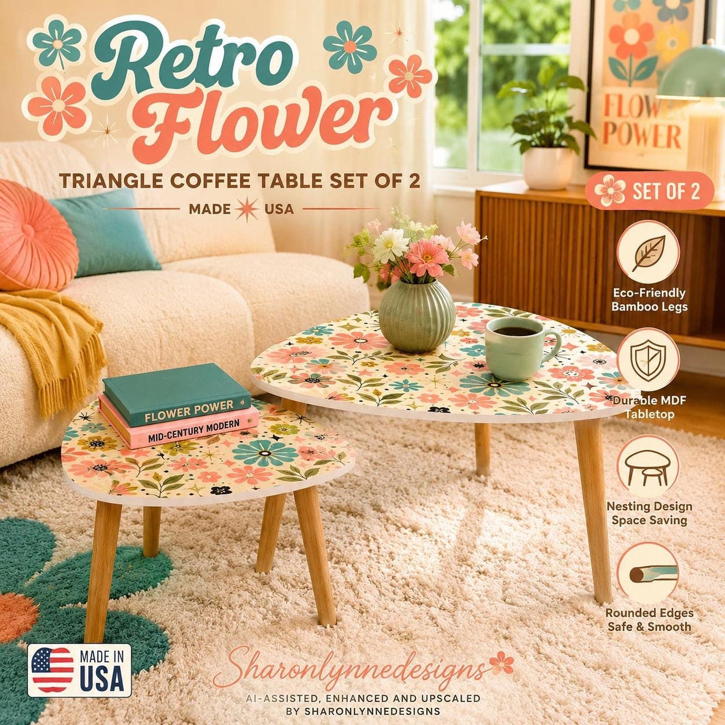 Nesting Table Set, Retro Floral MDF Tabletops With Bamboo Legs, Two Sizes