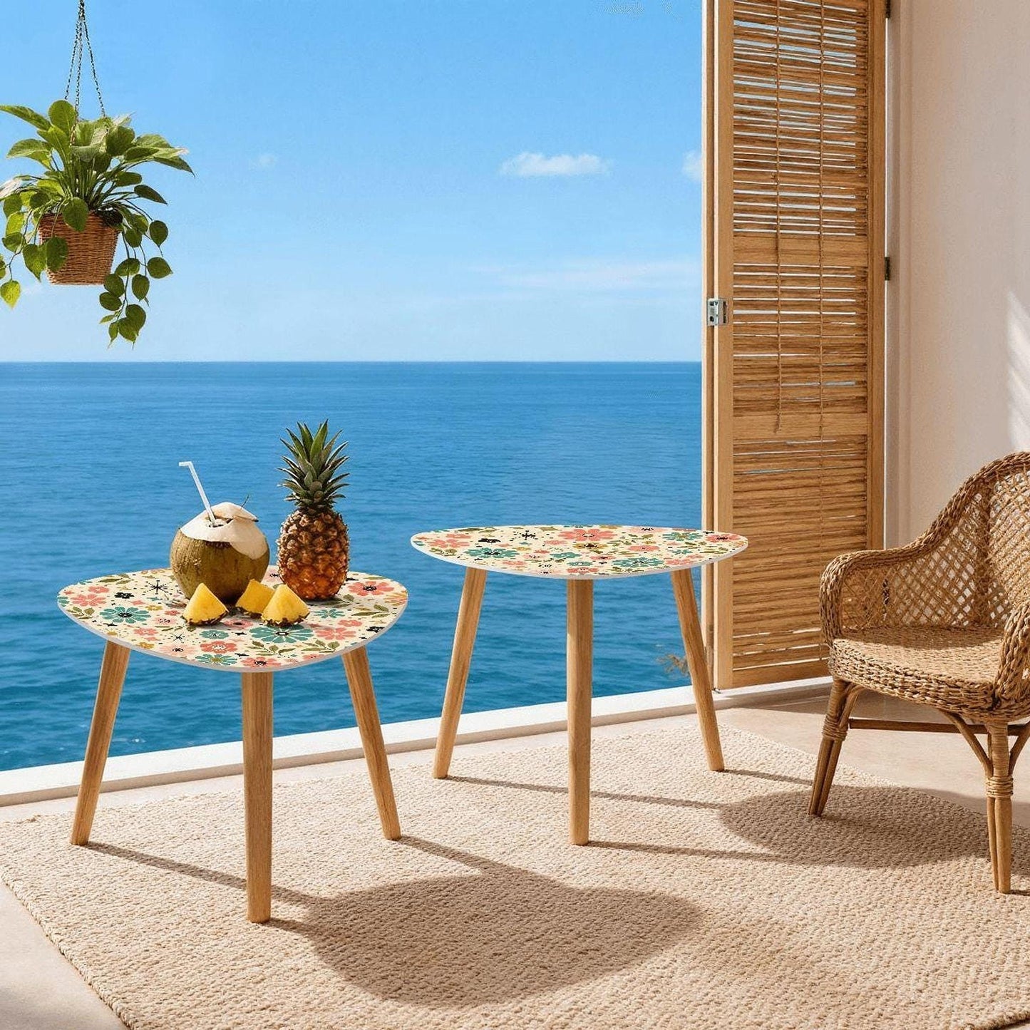 Nesting Table Set, Retro Floral MDF Tabletops With Bamboo Legs, Two Sizes