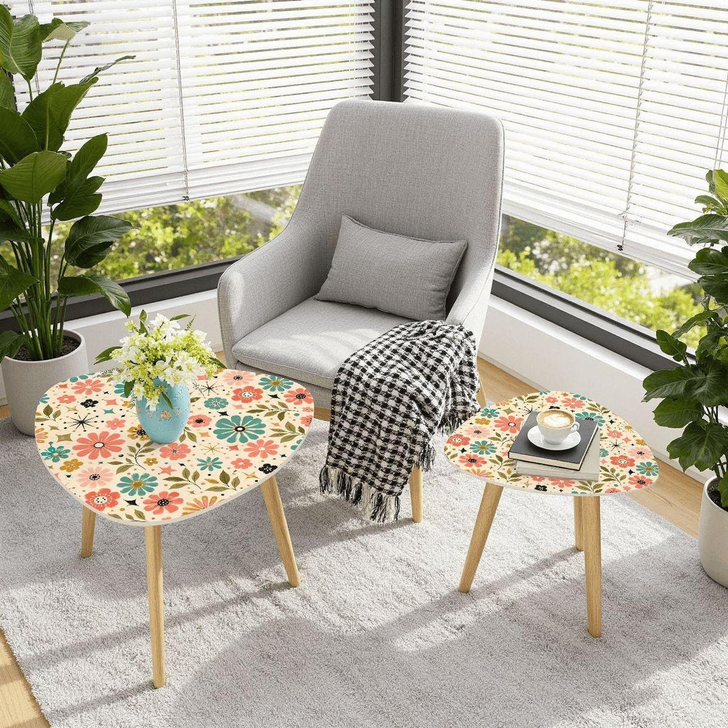 Nesting Table Set, Retro Floral MDF Tabletops With Bamboo Legs, Two Sizes