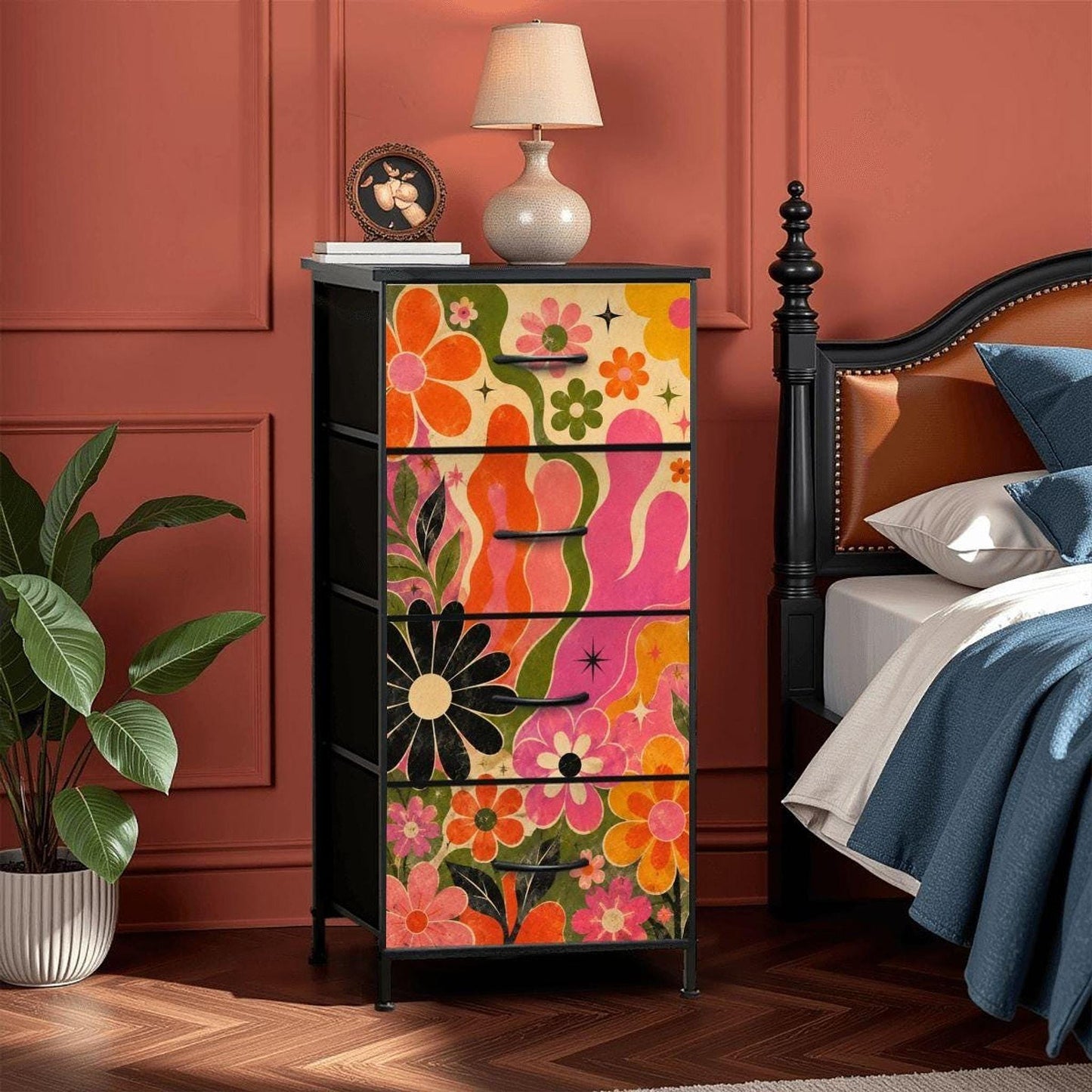 Retro Floral Dresser, Four-Drawer Steel Frame with UV-Printed Groovy Flowers