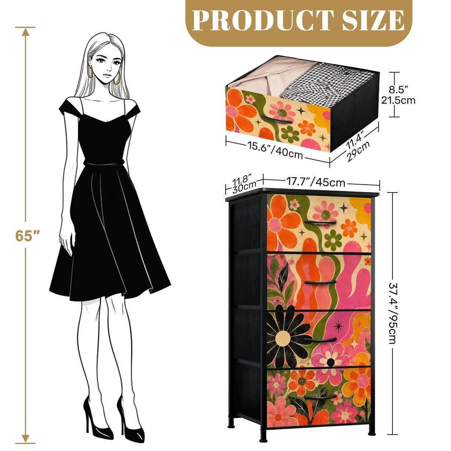 Retro Floral Dresser, Four-Drawer Steel Frame with UV-Printed Groovy Flowers