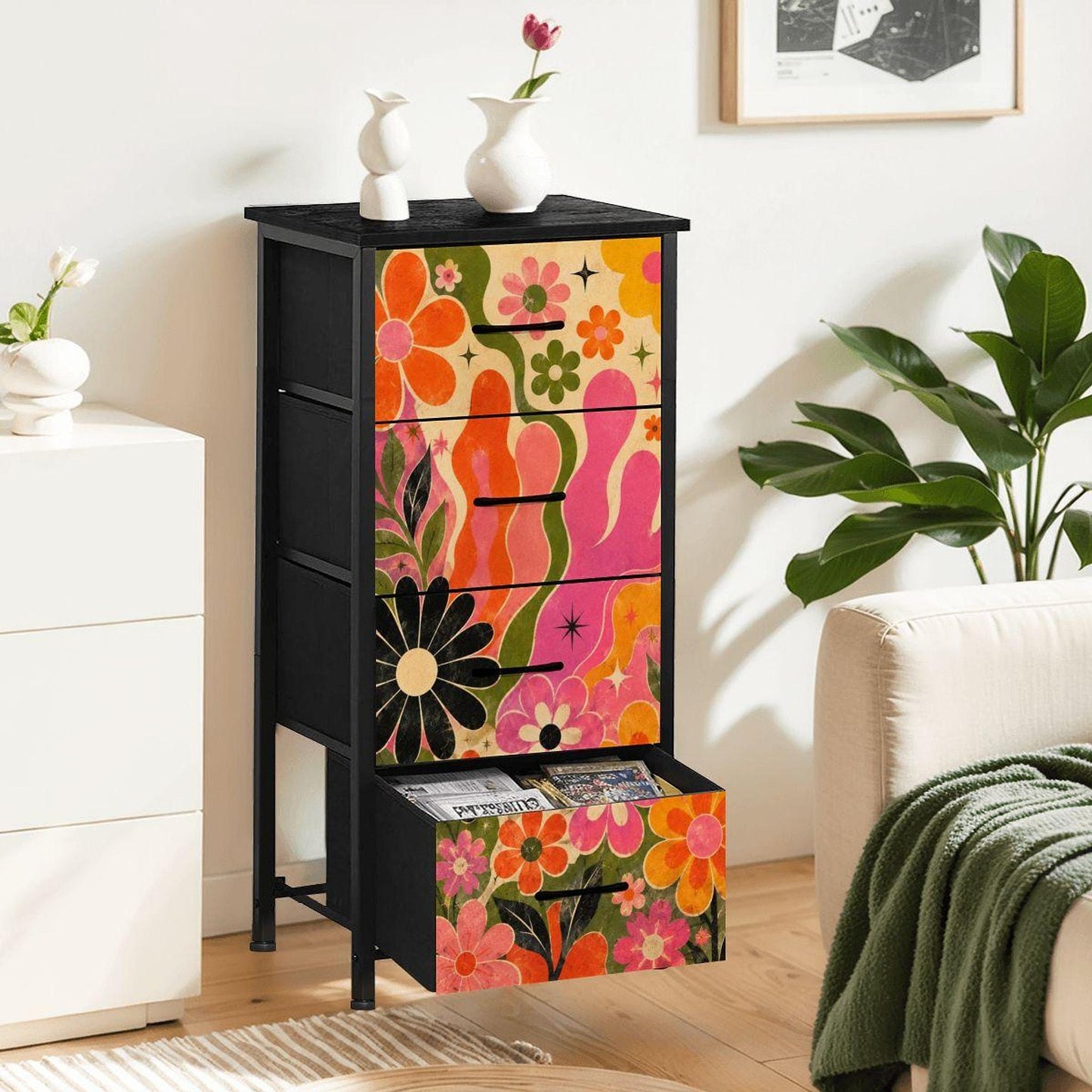 Retro Floral Dresser, Four-Drawer Steel Frame with UV-Printed Groovy Flowers