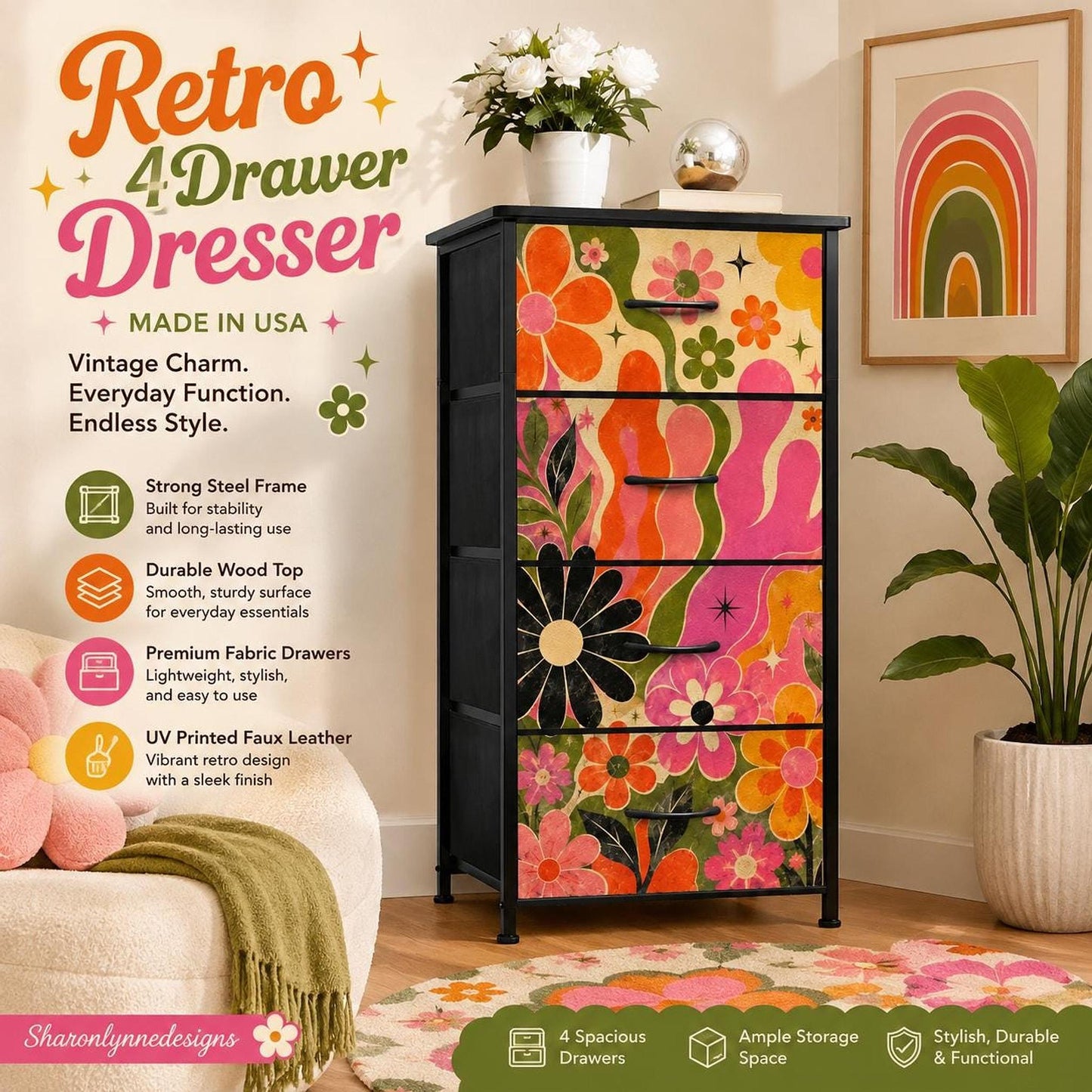 Retro Floral Dresser, Four-Drawer Steel Frame with UV-Printed Groovy Flowers