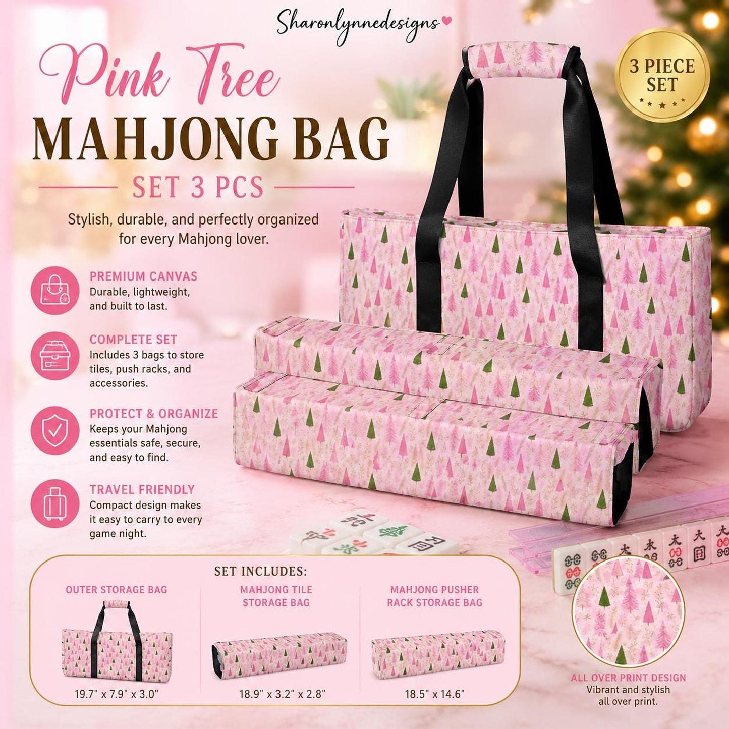 Pink Tree Mahjong Bag Set – 3 Piece Canvas Storage & Travel Set