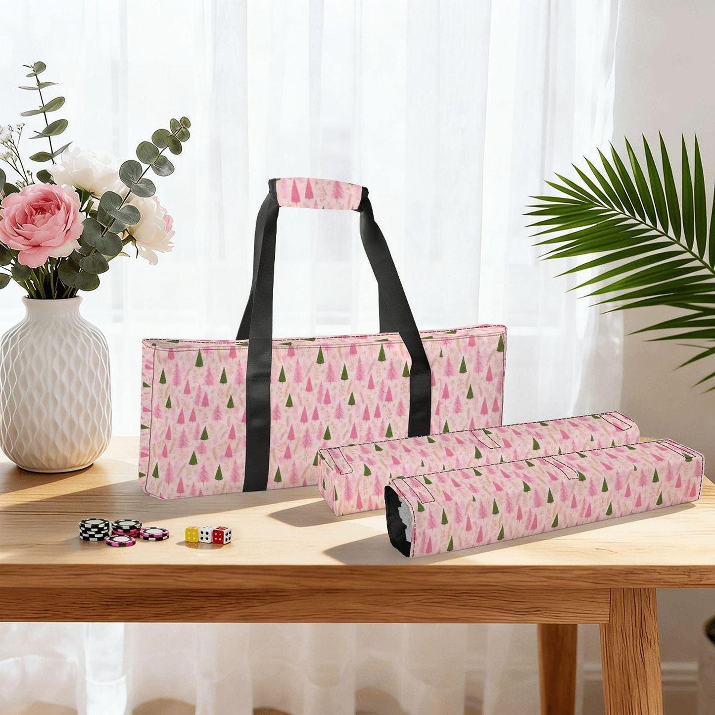 Pink Tree Mahjong Bag Set – 3 Piece Canvas Storage & Travel Set
