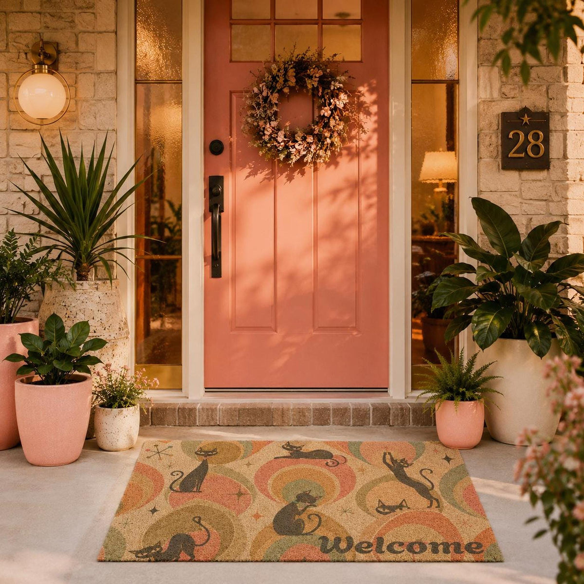 Retro Cat Doormat, 24 × 16 Inch Coir Welcome Design with Vinyl Backing