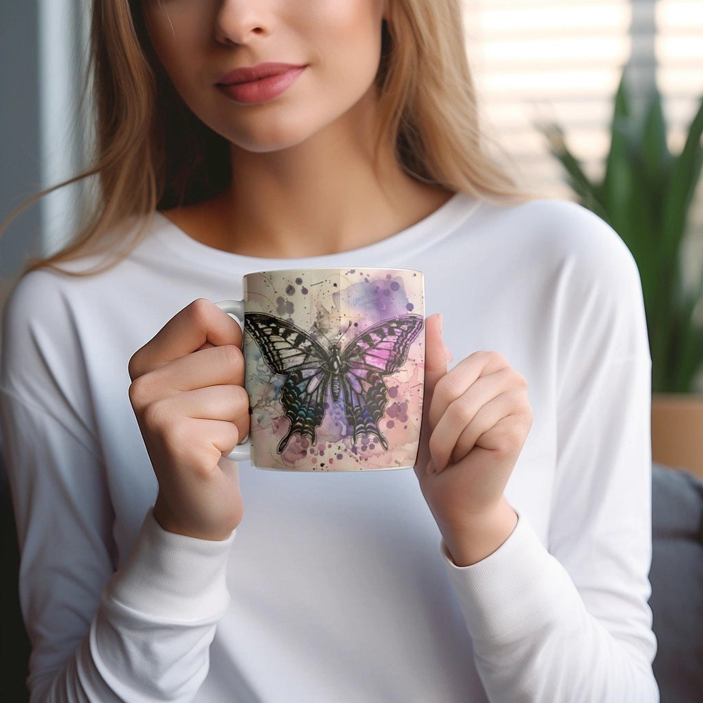 Conversation Novelty Mug, Heat-Reactive Ceramic Butterfly Design, Glossy Black 11 Oz
