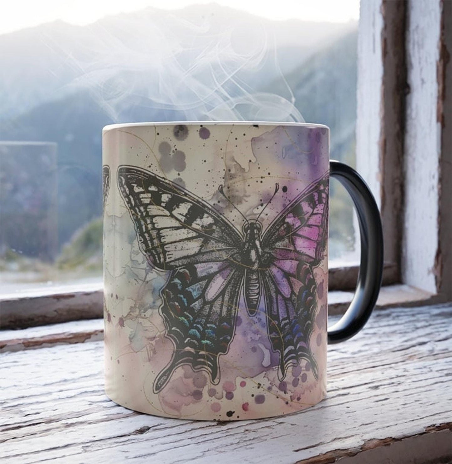 Conversation Novelty Mug, Heat-Reactive Ceramic Butterfly Design, Glossy Black 11 Oz