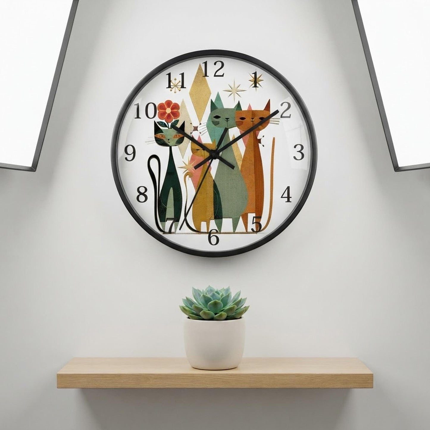 Handmade Playroom Cat Wall Clock, Silent Wood And Plexiglass, Retro Decor