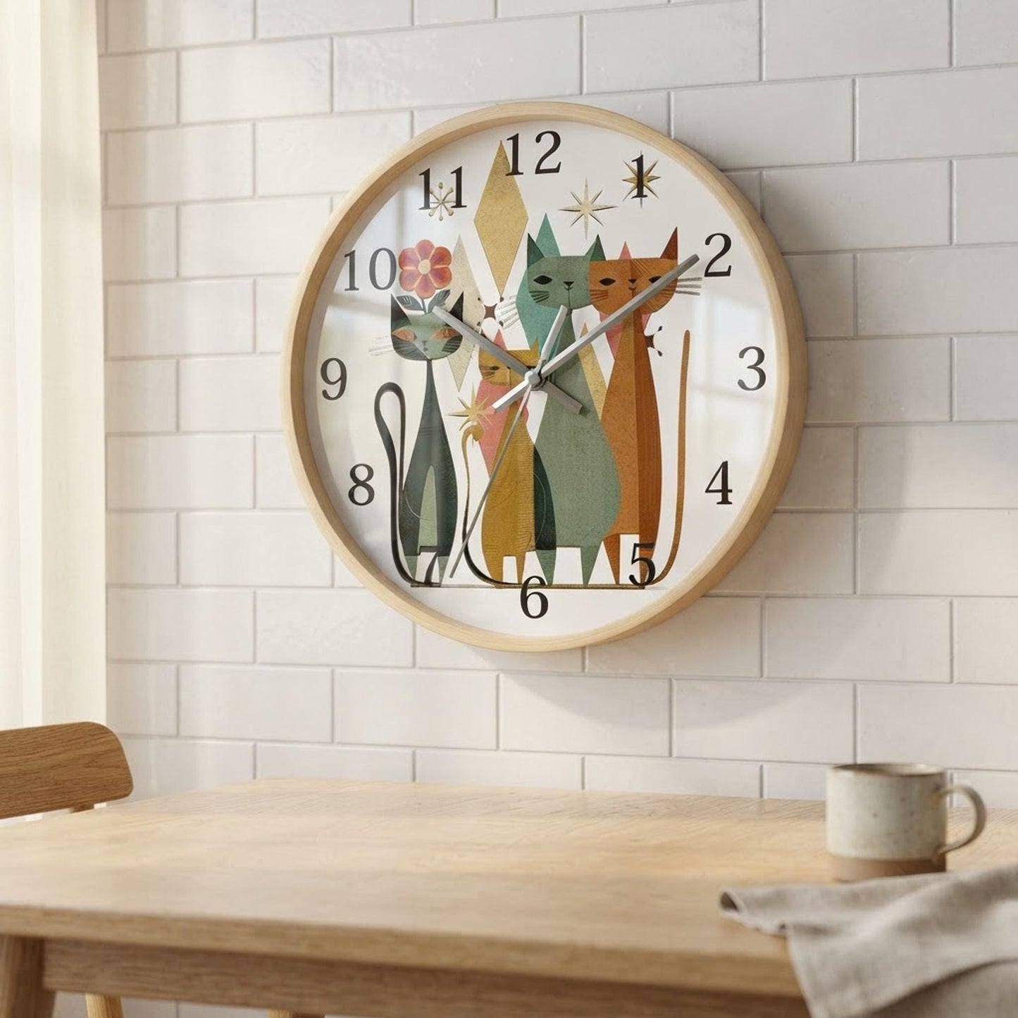 Handmade Playroom Cat Wall Clock, Silent Wood And Plexiglass, Retro Decor