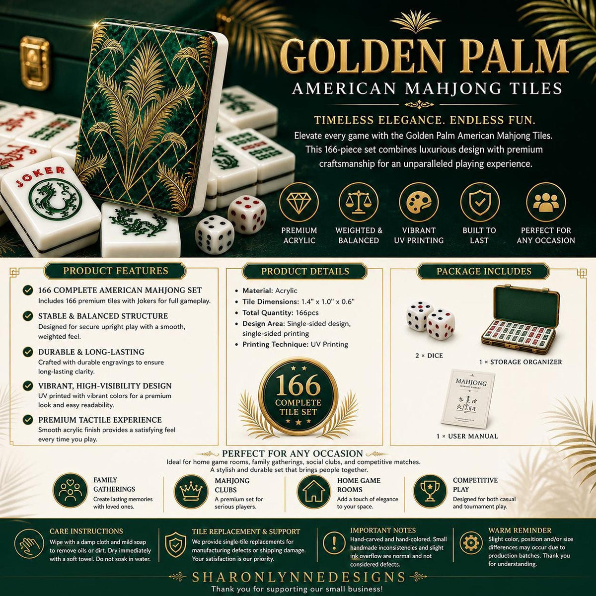 American Mahjong Golden Palm Acrylic Tile Set, 166 Pieces with Jokers
