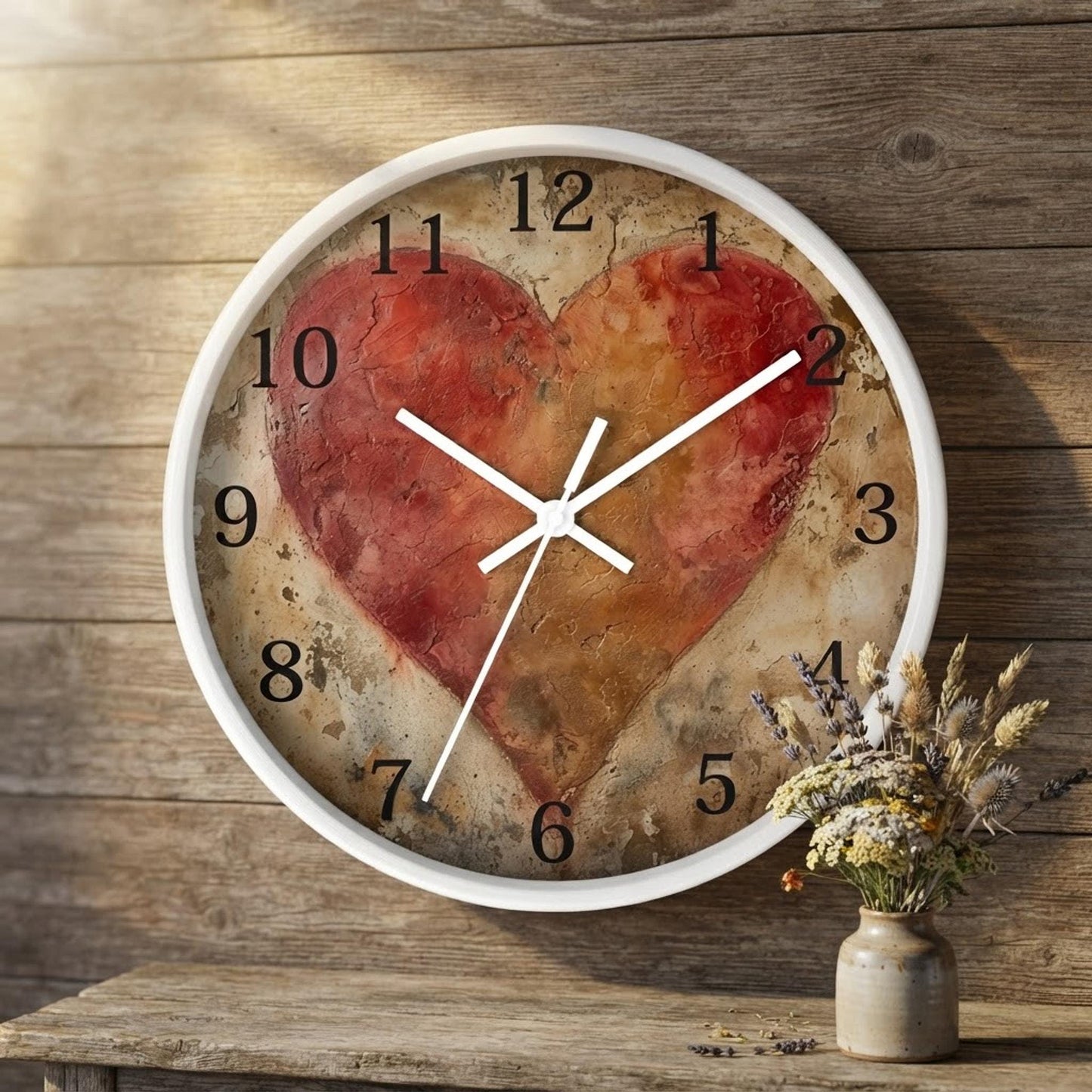 Timekeeping Handmade Rustic Heart Wall Clock, Silent Sweep, PVC Frame, 10 x 10 In.