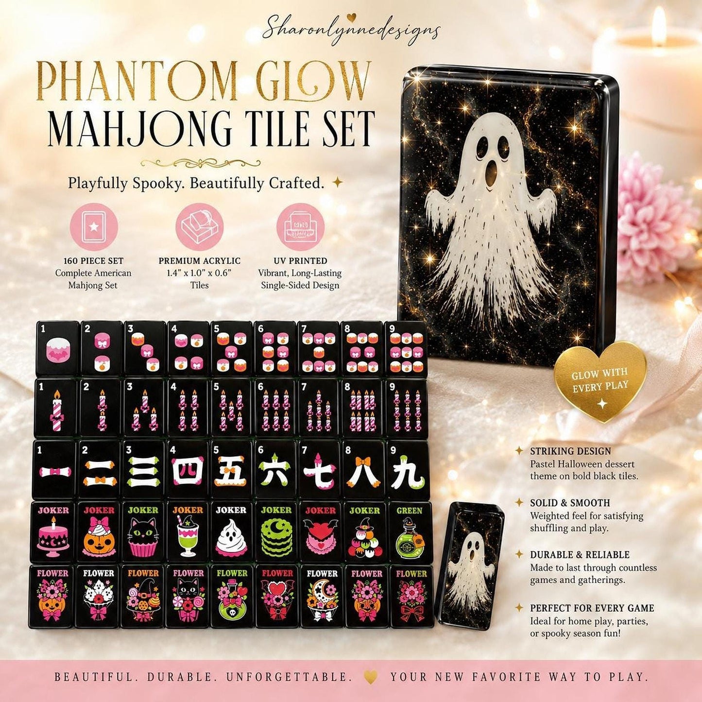 Ghost Mahjong Tile Set, 160-Piece Black Acrylic with Pastel Halloween Artwork