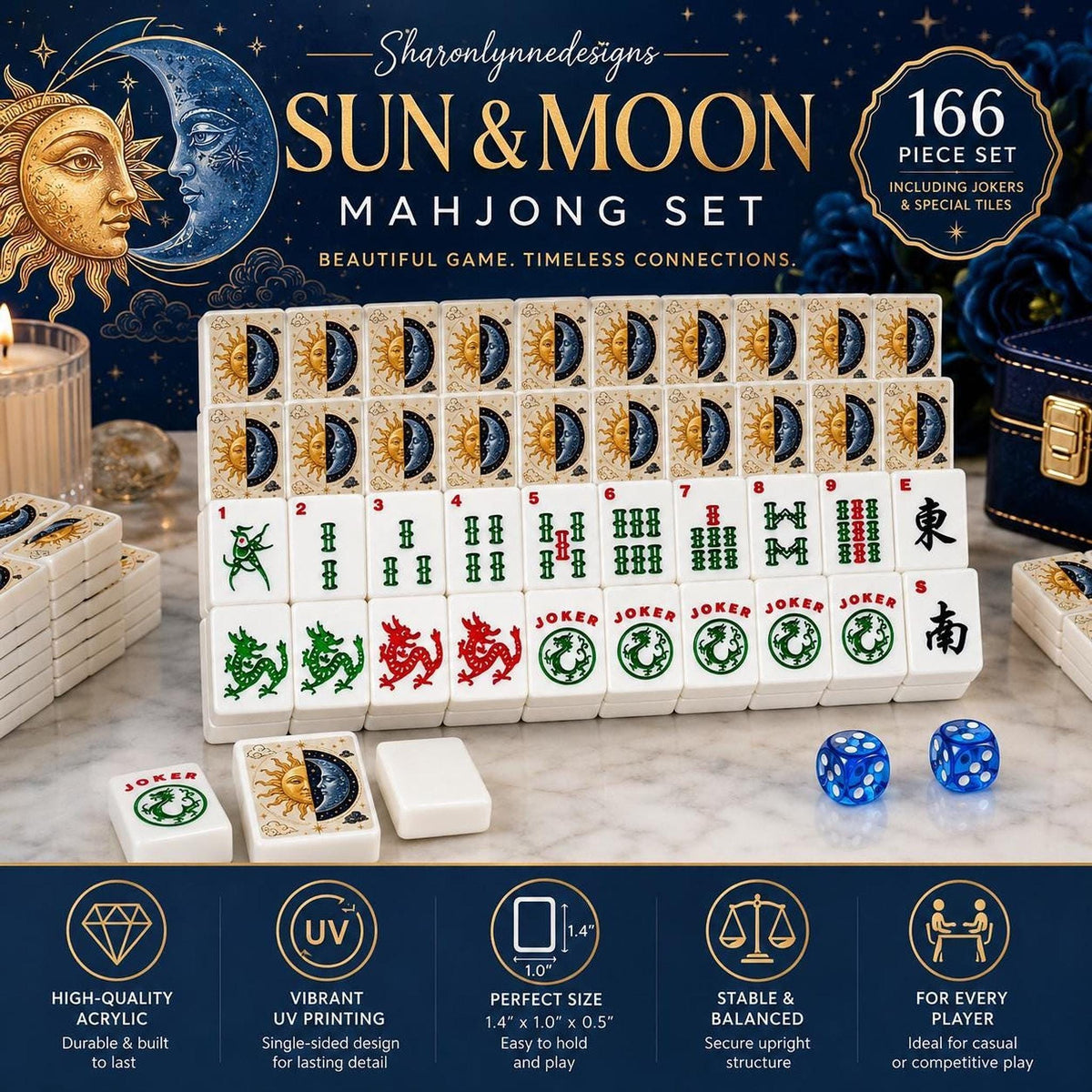 Mahjong Game Set with Sun & Moon Acrylic Tiles, 166-Piece Collection