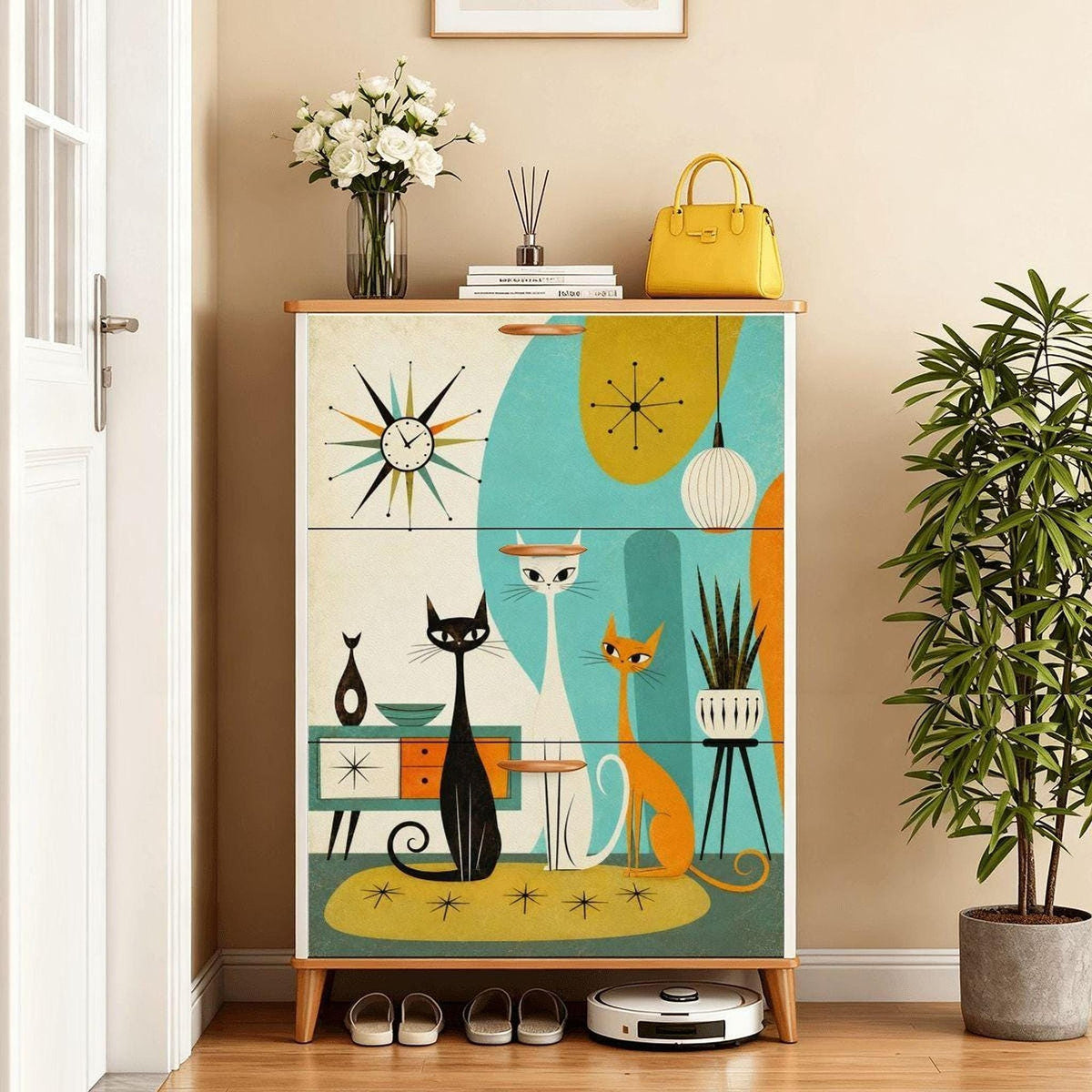 Atomic Cats Cabinet, MDF Wood Shoe with Colorful Design
