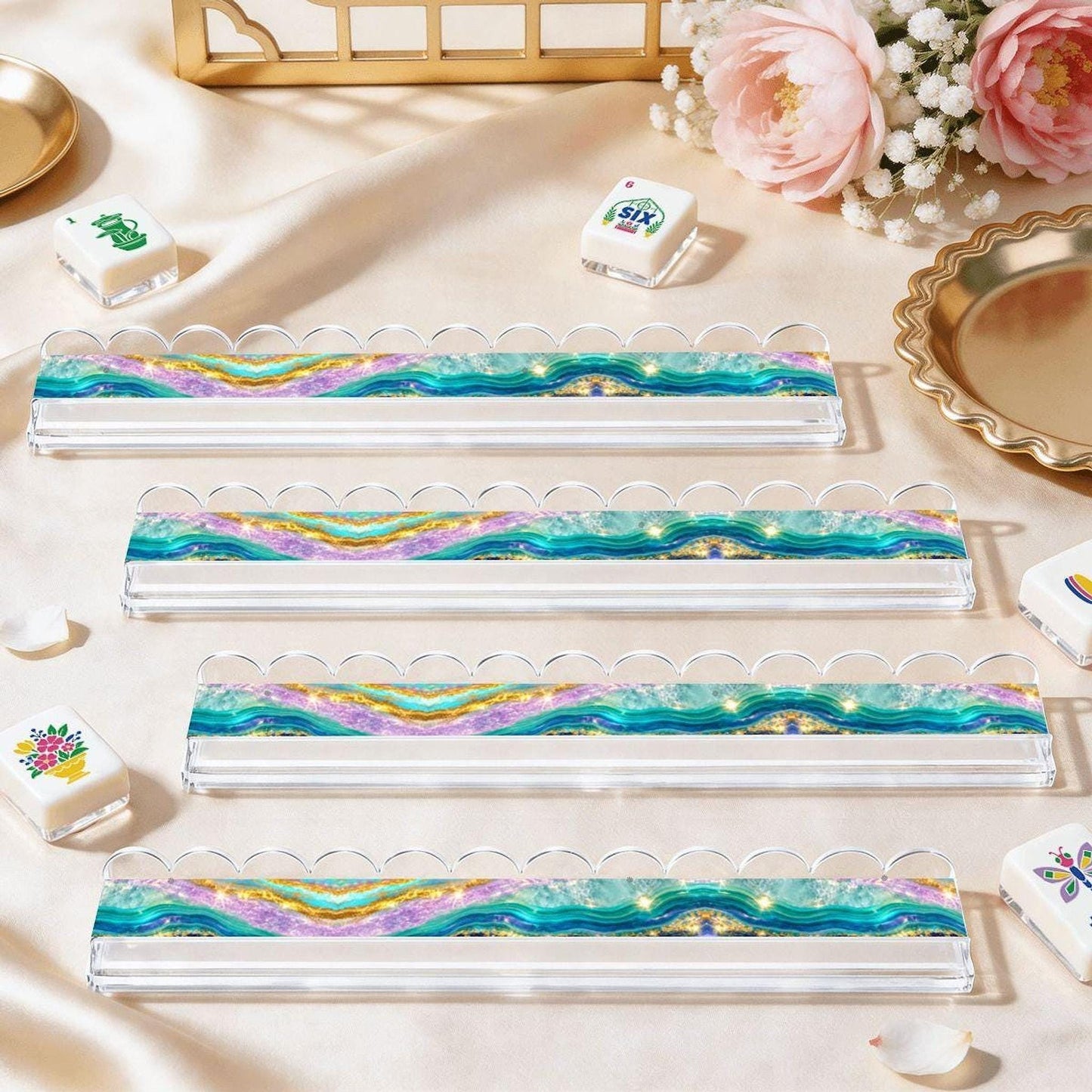 Turquoise Tide Acrylic Mahjong Rack Set of 4, Extended Design with Magnetic Pushers