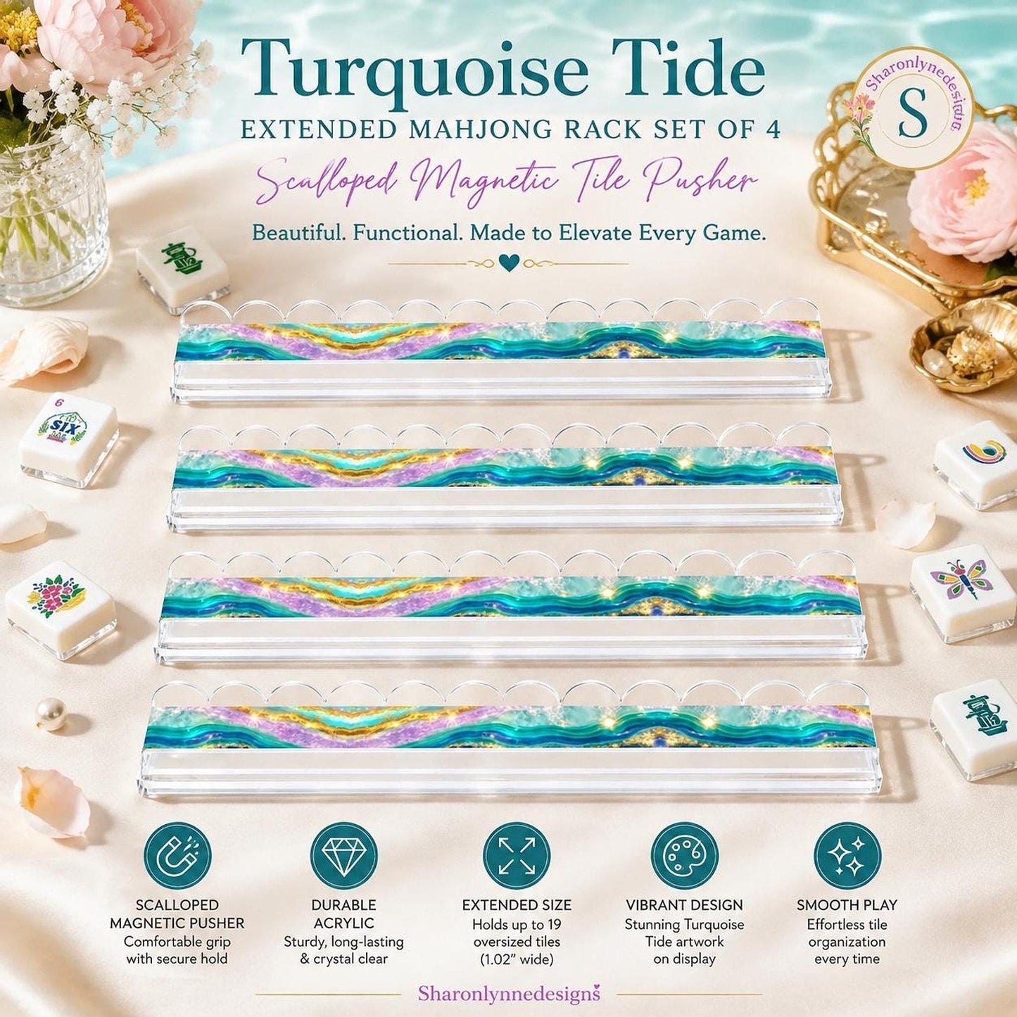 Turquoise Tide Acrylic Mahjong Rack Set of 4, Extended Design with Magnetic Pushers