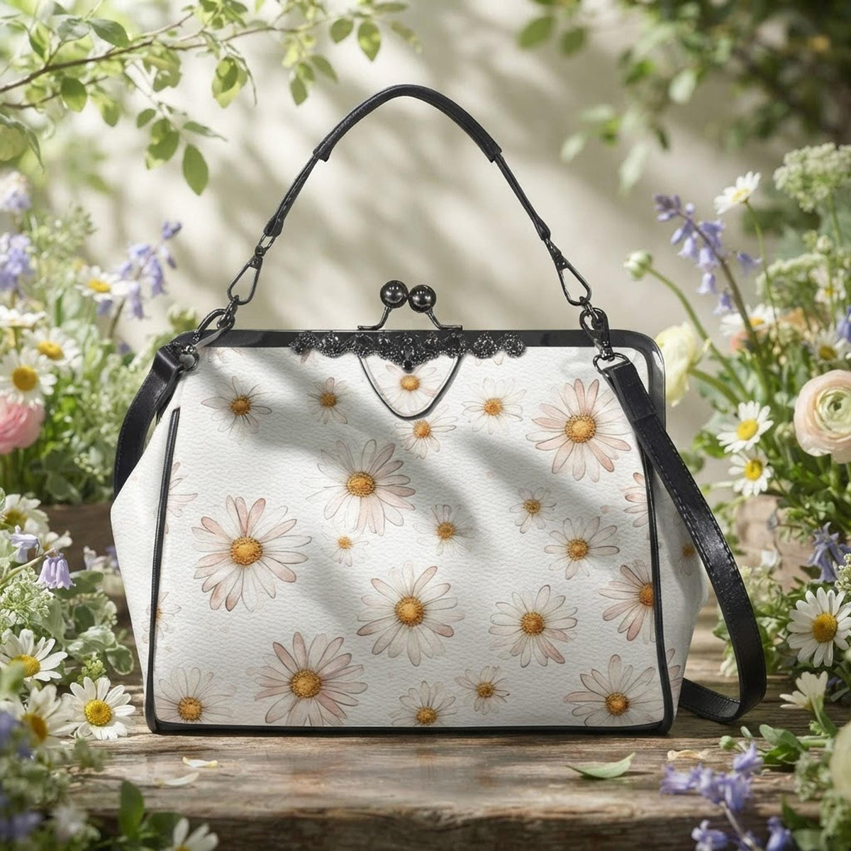 Daisy Crossbody Handbag, Vintage PU Leather Floral Purse with Kiss Lock Clasp