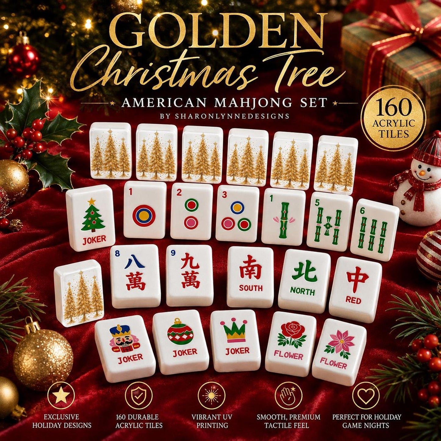 Golden Christmas Tree American Mahjong Set, 160 Acrylic Tiles, UV Printed