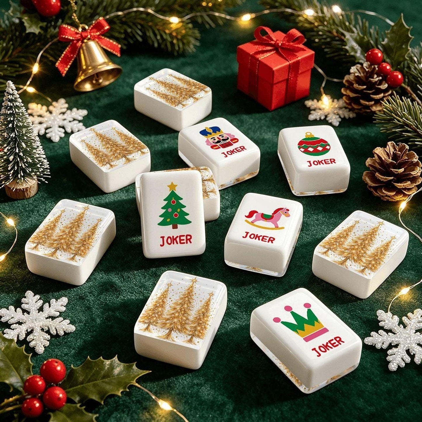 Golden Christmas Tree American Mahjong Set, 160 Acrylic Tiles, UV Printed