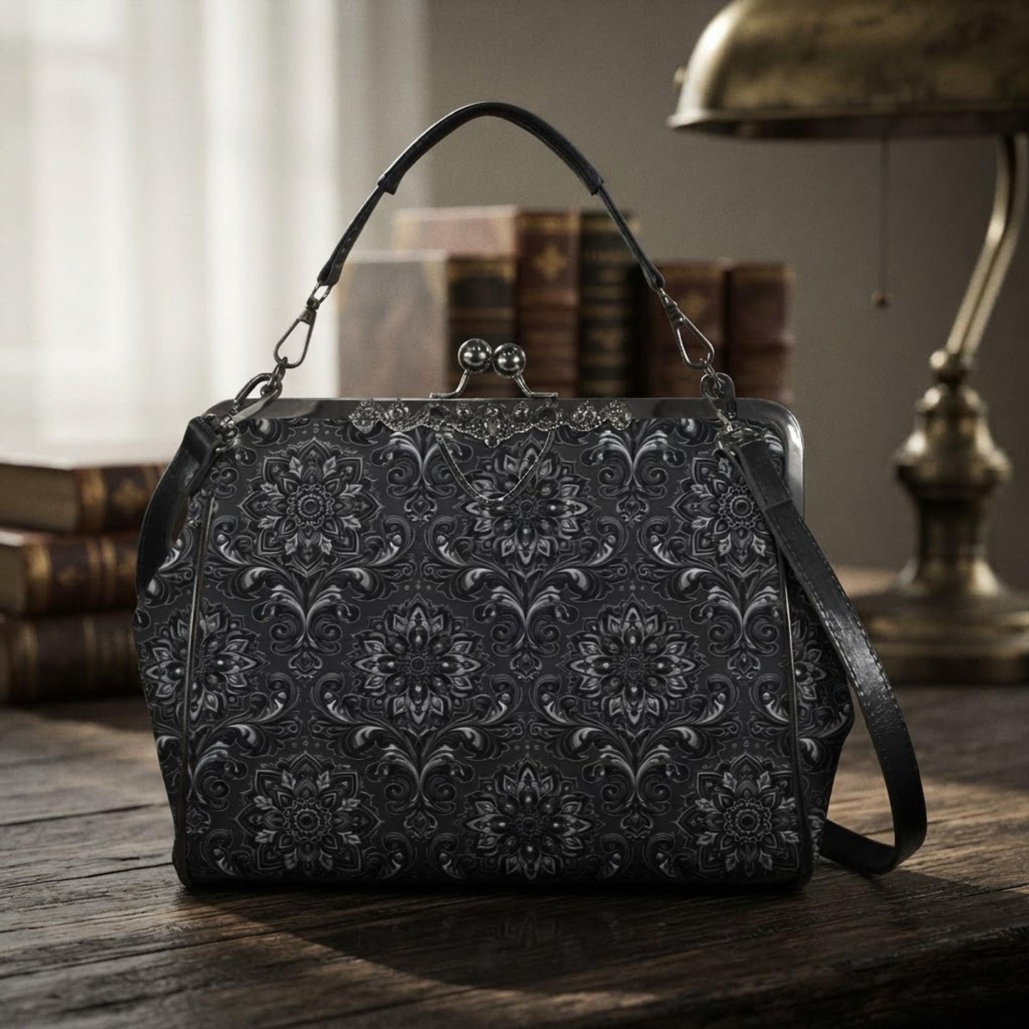 Black & Silver Kisslock Crossbody, Waxed PU Leather Floral Damask, Removable Strap