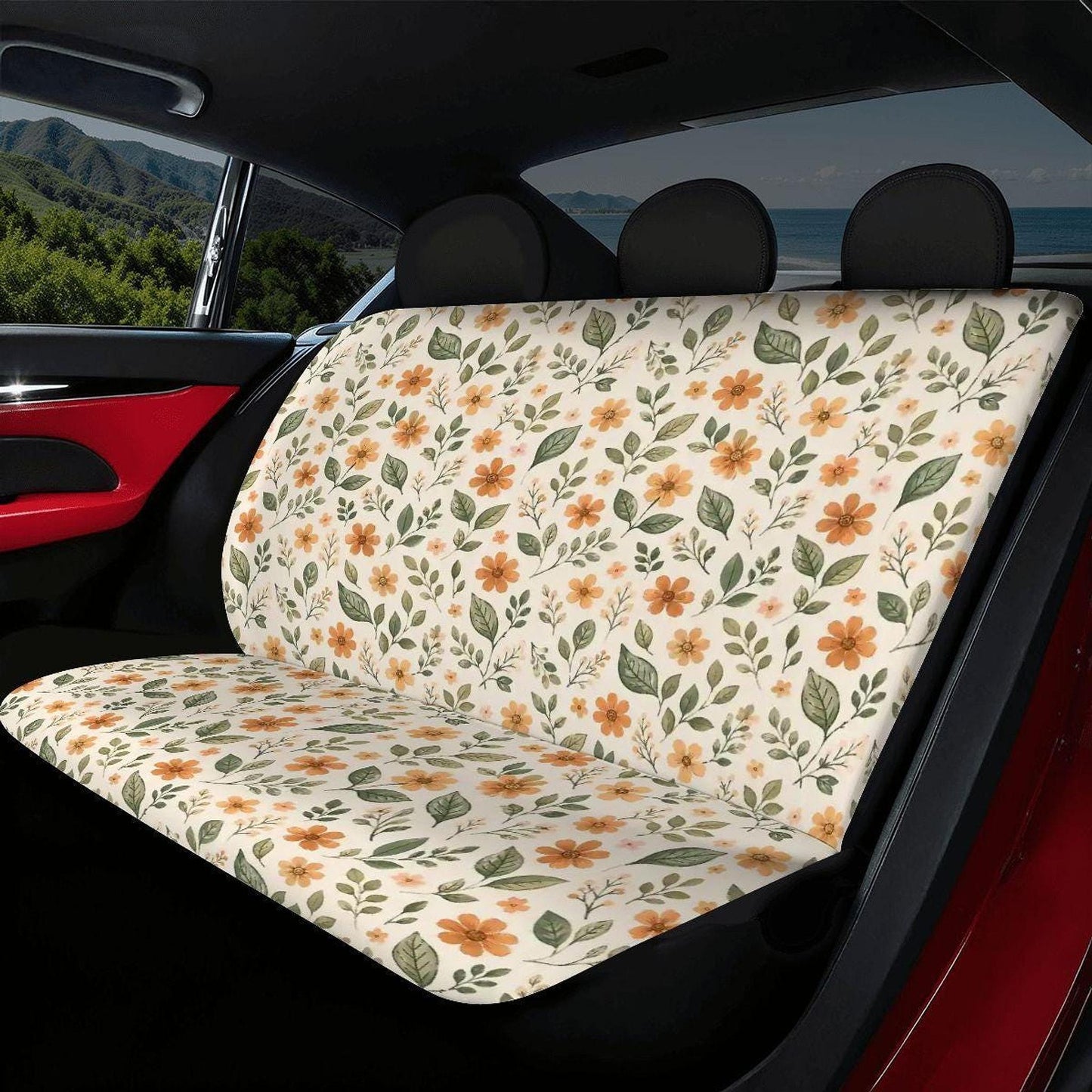 Car Seat Cover Set, Orange Floral Polyester And Sponge, Waterproof 3-Piece